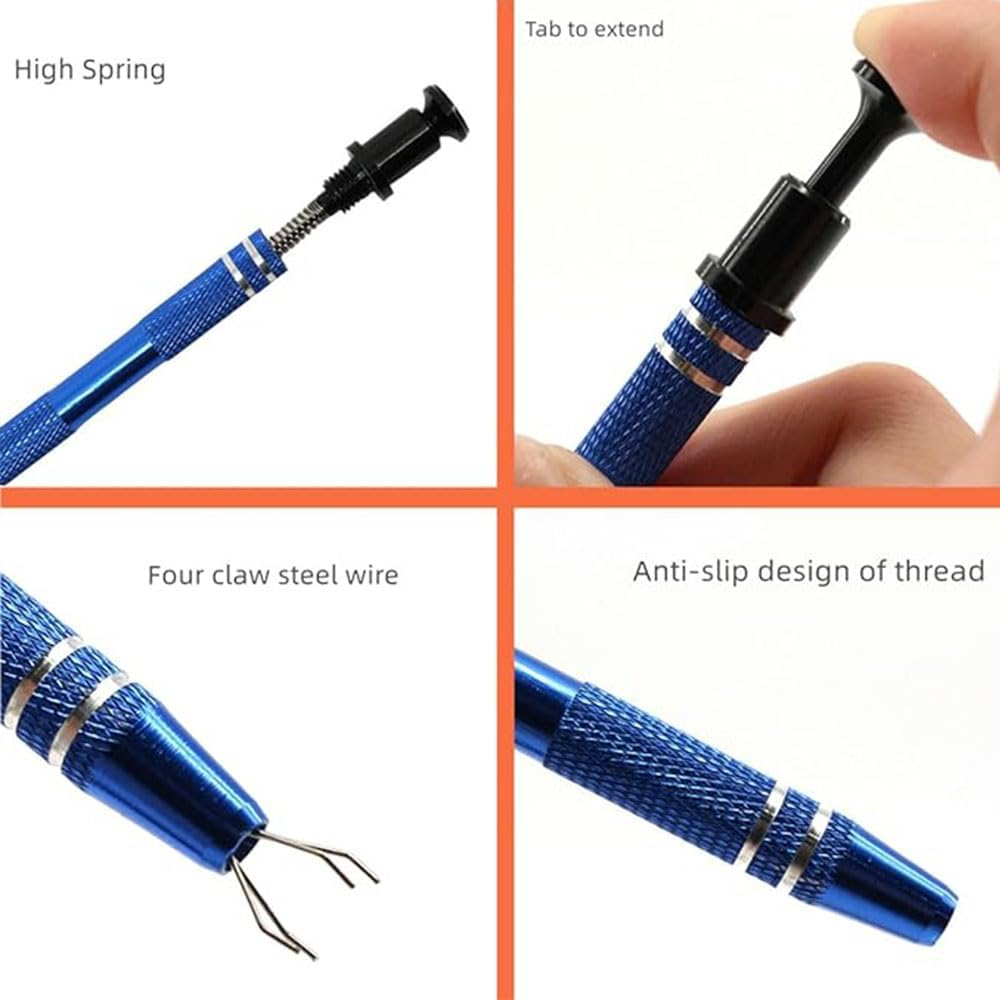 2 Pcs Piercing Ball Grabber, Pick up Tool with 4-Claw,Beads Gems Parts Claw Picker, Stainless Jewel Diamond Tweezers for Electronic Component Catcher for Tiny Objects in Home Office (Golden+Blue),