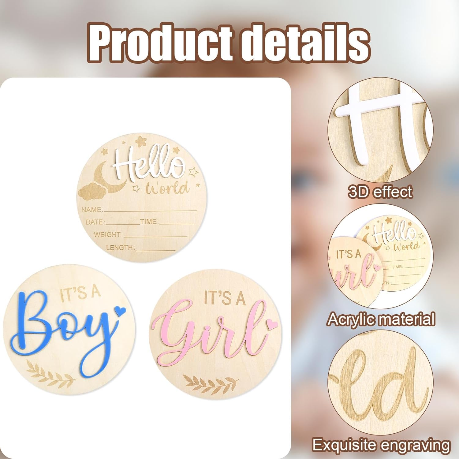 3Pcs Baby Announcement Sign, 5.83 Inch Gender Reveal Wooden Sign Acrylic Hello World Newborn Birth Baby Name Plaques It&rsquo;S a Boy It&rsquo;S a Girl Baby Arrival Sign for Hospital Baby Show image number 4