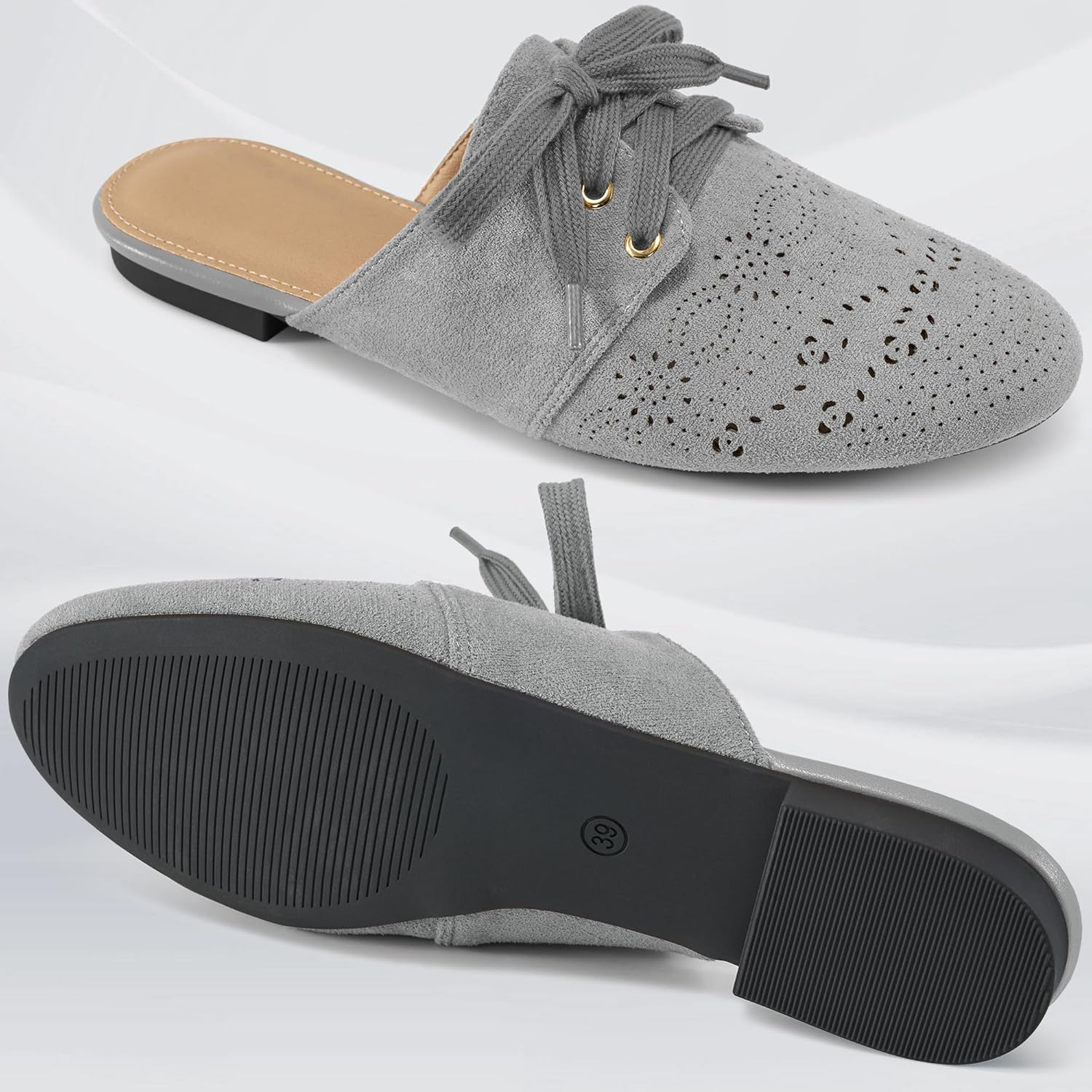 HARENCE Mules for Women Flats Shoes: Comfort round Toe Backless Loafers Casual Slip on Lace up Dressy Suede Mule image number 3