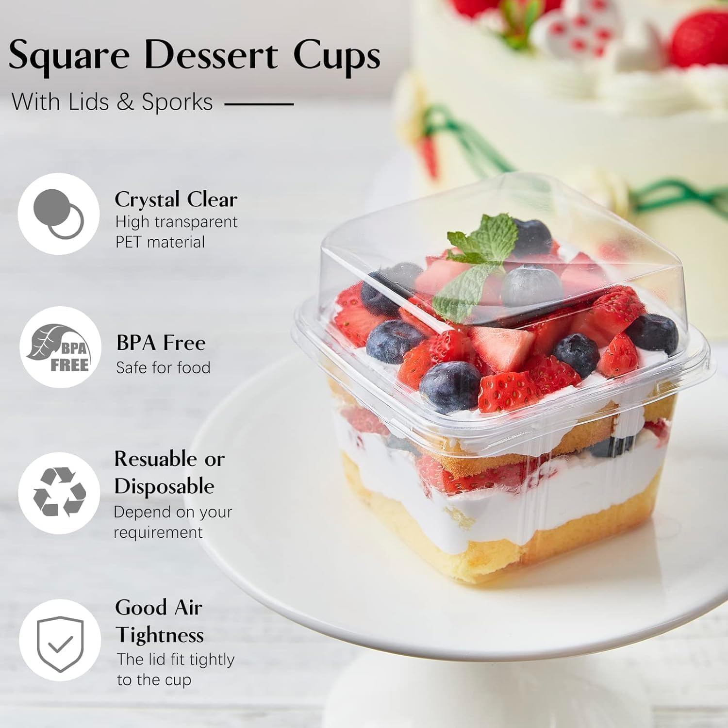 50Pack 8 Oz Square Plastic Dessert Cups, Reusable Clear Plastic Yogurt Parfait Cups with Lids and Individually Wrapped Spoons, for Cupcake Mousse Yogurt Pudding Mousse Fruits image number 3