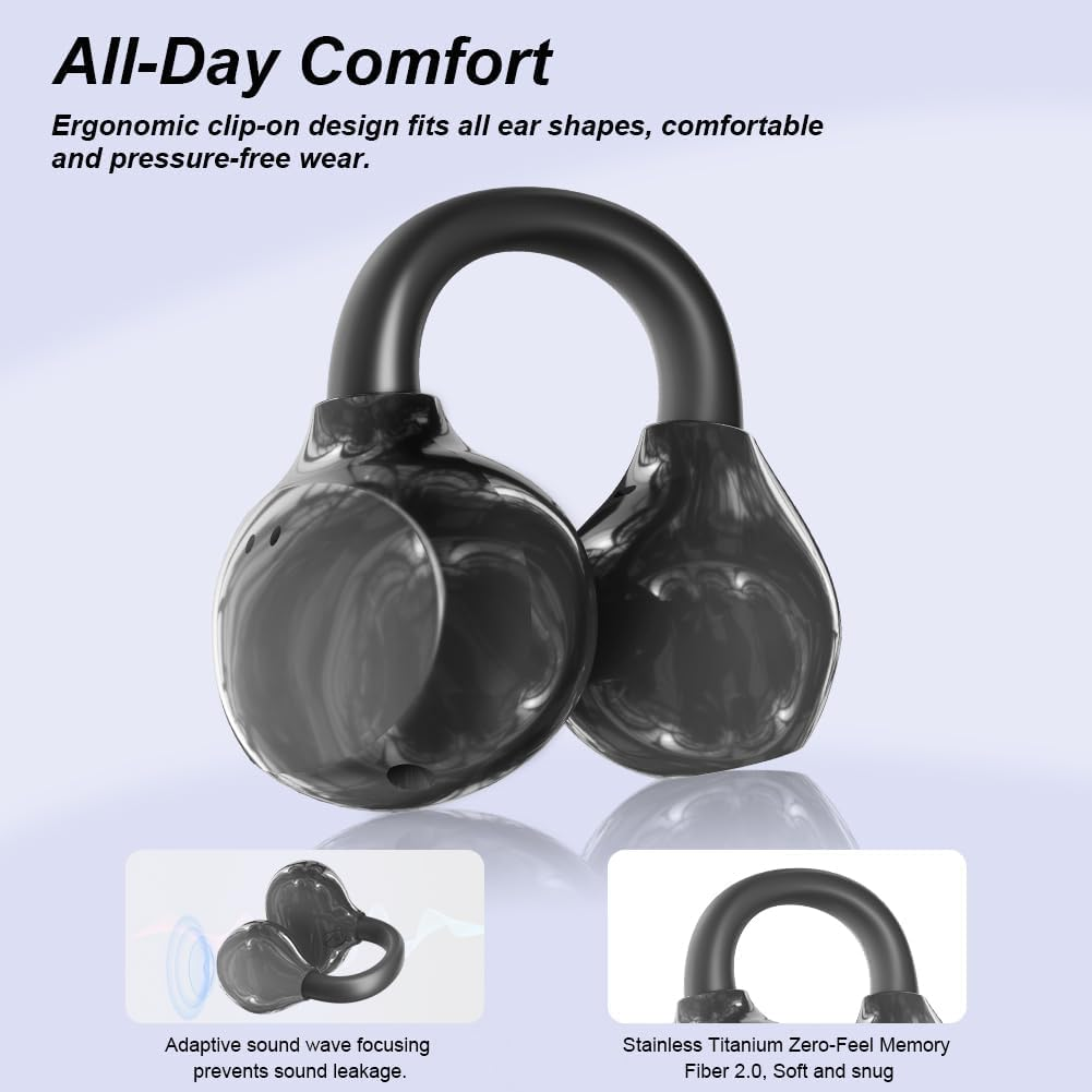 Caijin Clip-On Open-Ear Bluetooth Headphones, Wireless, Bluetooth 6.0, 60 Hours Ultra Long Battery Life, Comfortable and Pain-Free, Ideal for Sports, Office & Fitness, Black image number 4