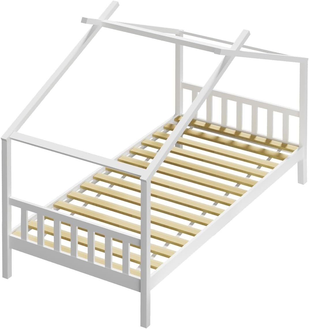 Oikiture Kids Single Bed Frame with Wooden Timber Base Kids House Wood Mattress Base Platform, White image number 5