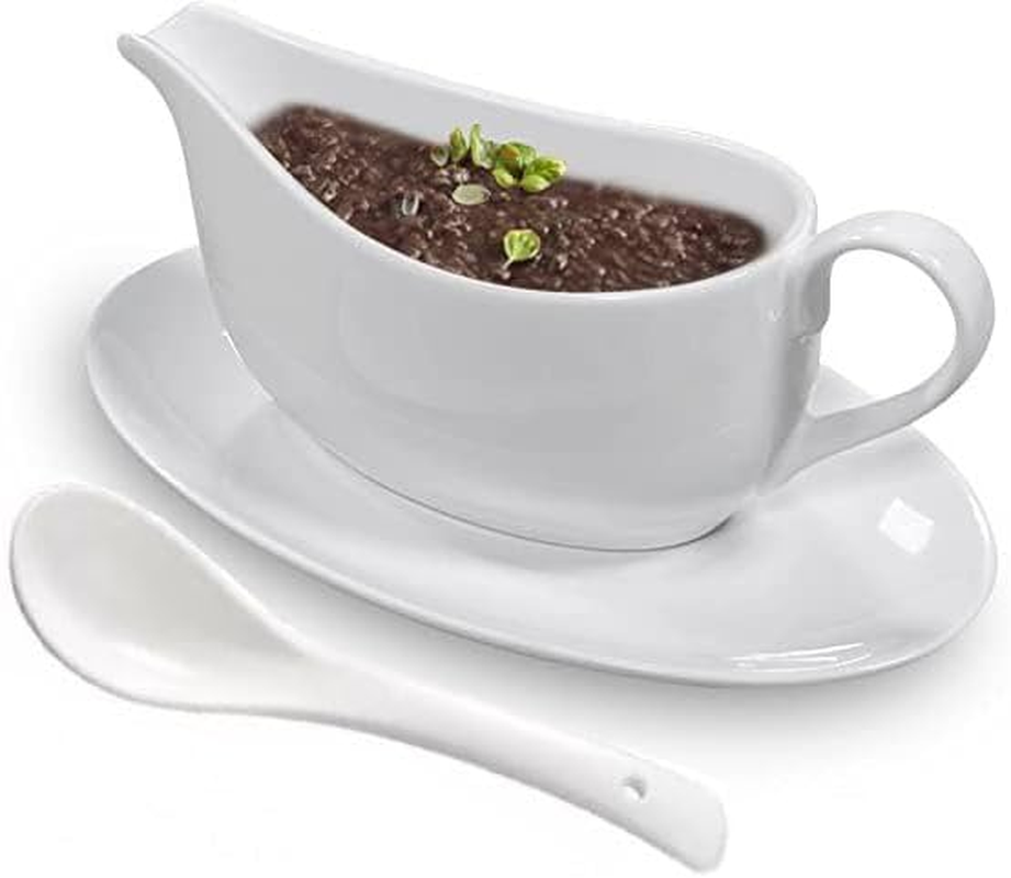 Qlans Gravy Boat with Ladle and Saucer 17 Oz,Ceramic Sauce Boat with Tray for Salad Dressings Milk,Warming Sauces,Creamer,Broth,Black Pepper,White (1 PCS New Gravy Boat with Ladle and Saucer) image number 4
