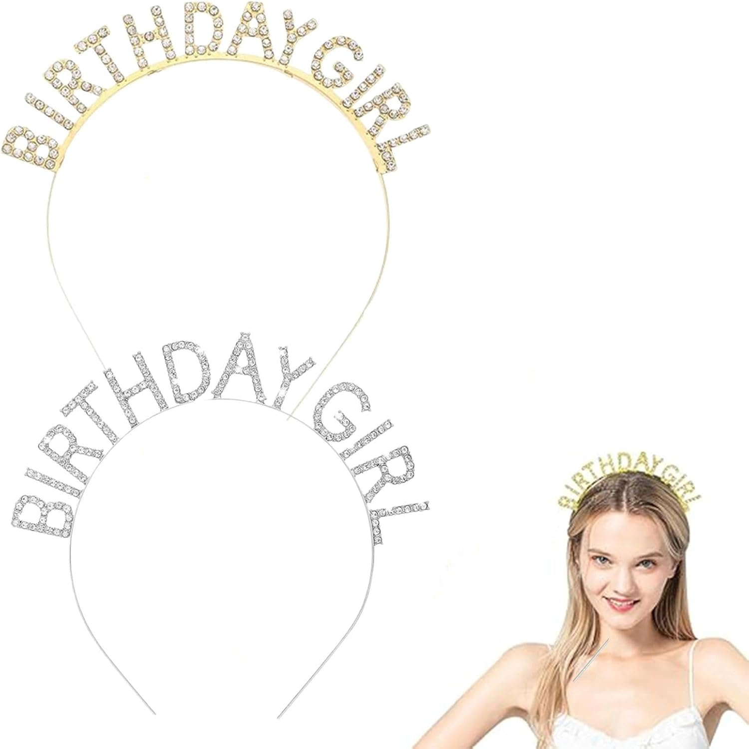 Dinghaole 2 Pcs Birthday Girl Headband Crown, Gold Silver Happy Birthday Crown Bling Rhinestone Hair Band, Princess Tiara Sweet Happy Birthday Accessories for Women Girls Party Festival Decorations