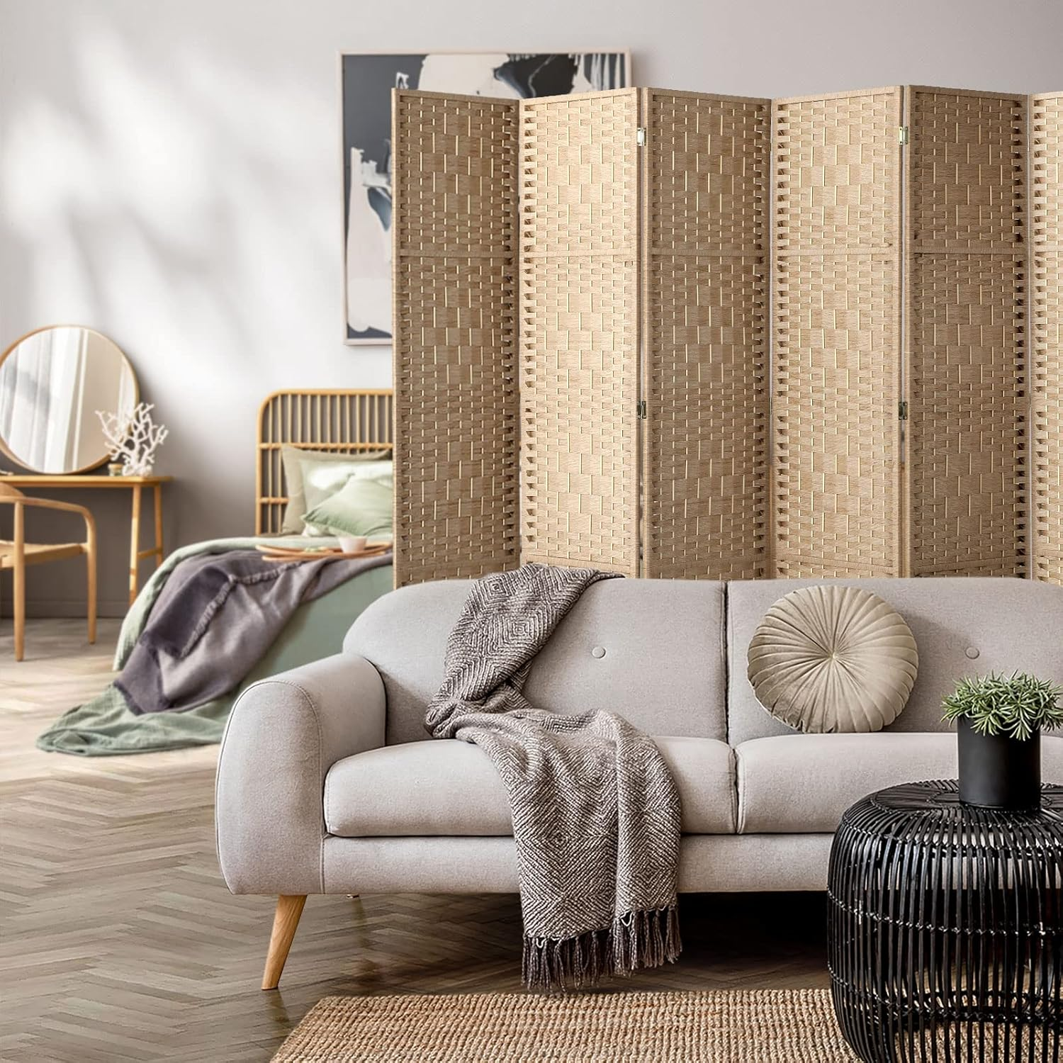 Oikiture Room Divider 6 Panel Screen Wood image number 1