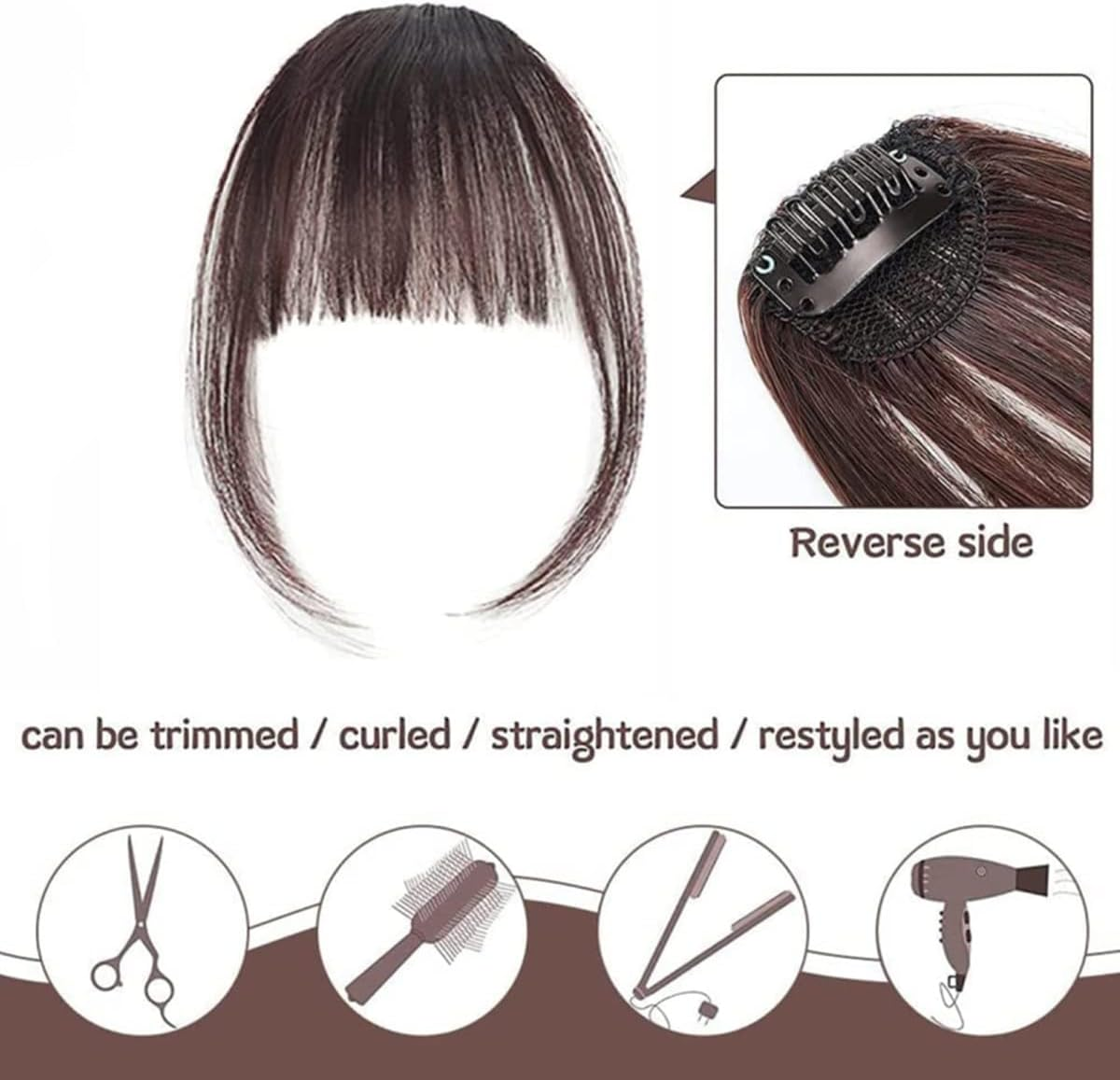 Bessy Shop Clip-In Bangs, Pack of 2 Fringe, Clip-In Fringe, Real Hair Extensions, Pony Hair Extensions, Flat Fringe with Temples, Natural Black and Light Brown image number 3