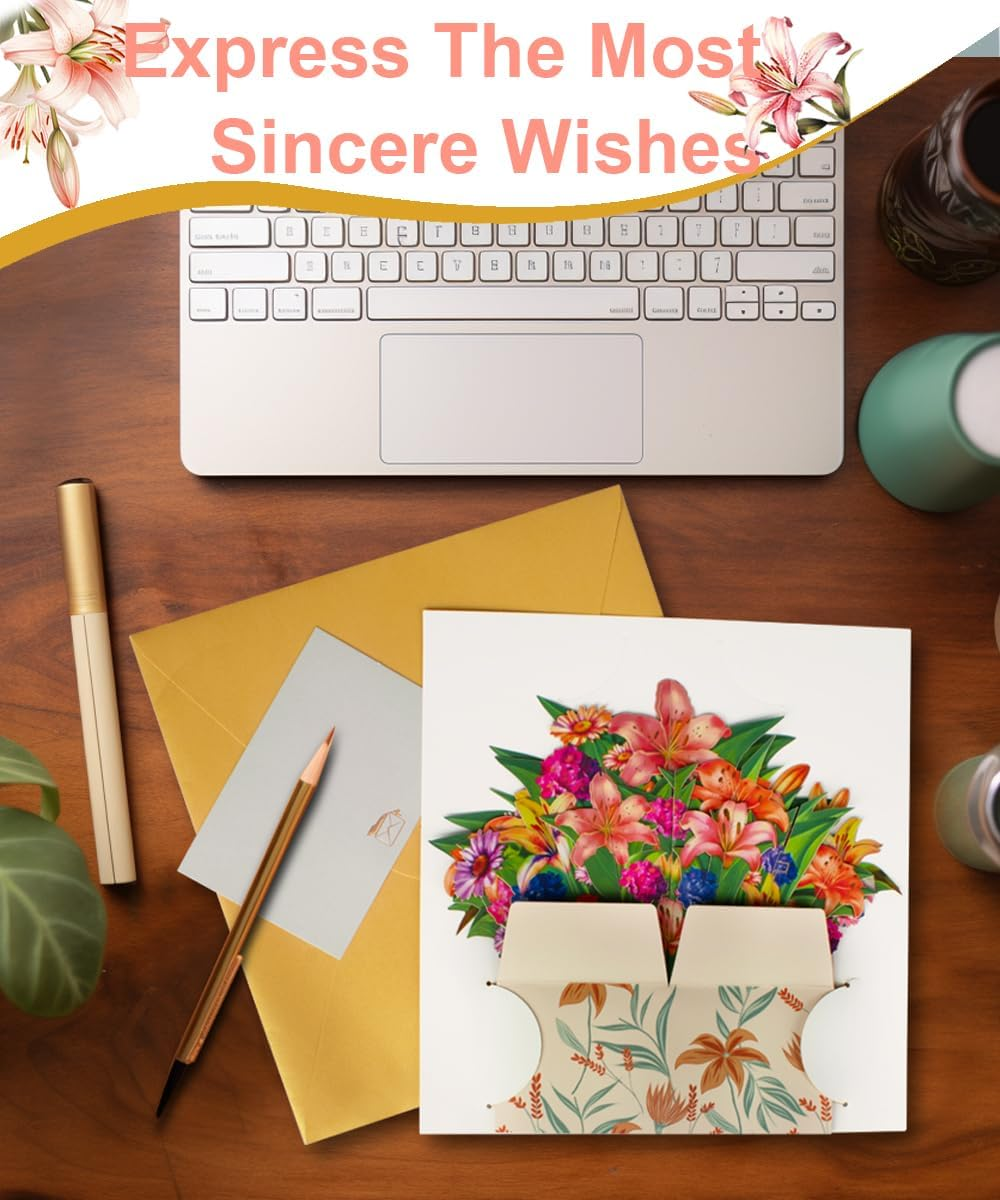 Magic Ants Flower Paper Pop-Up Cards - Bouquet 3D Popup Greeting Card - Pop-Up Birthday Card for Mum - Anniversary Card Thank You Card for Women, Mother'S Day - Envelope Included (Lily) image number 4