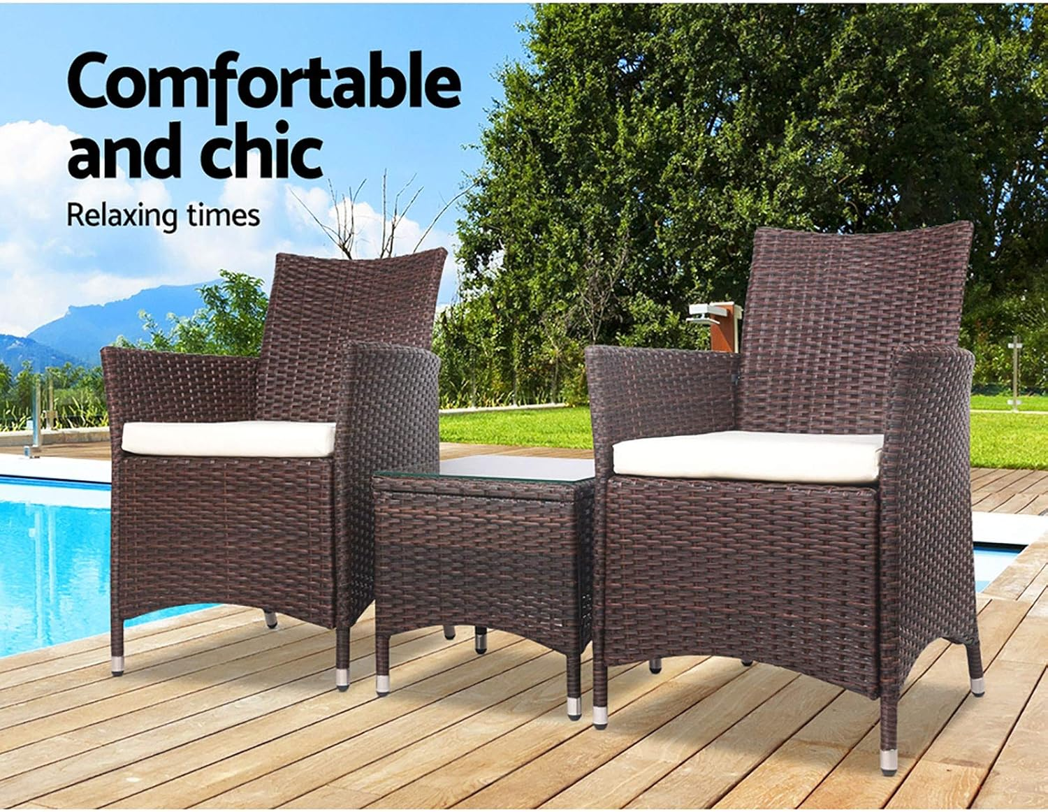 Gardeon 3Pcs Wicker Patio Furniture, Bistro Set Table and Chairs Outdoor Lounge Setting Conversation Sets Dining Chair Garden Backyard, Cushion with Rattan Coffee Table Glass Tabletop Black image number 1