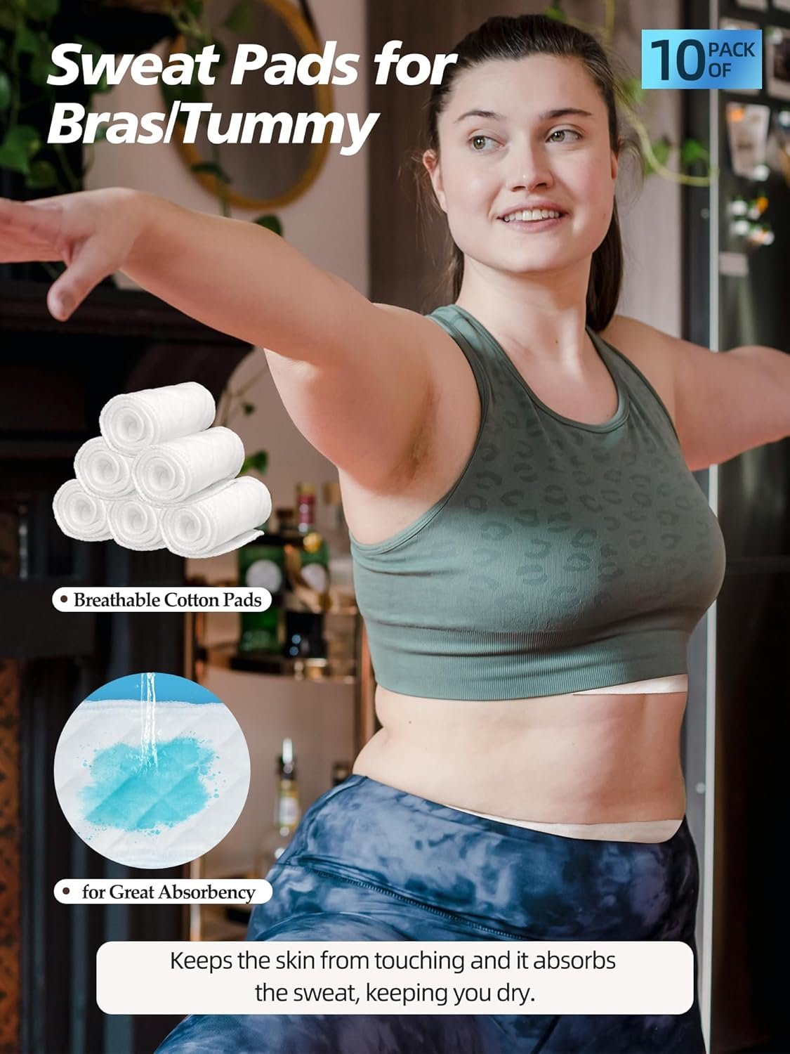 WIBOND Sweat Pads for Bras, Breast Sweat Absorber 3 Layer Bra Liners to Absorb Sweat under Breasts, Breast Pads for Sweat and under Stomach Sweat Pads Cotton Women Tummy Liners image number 4