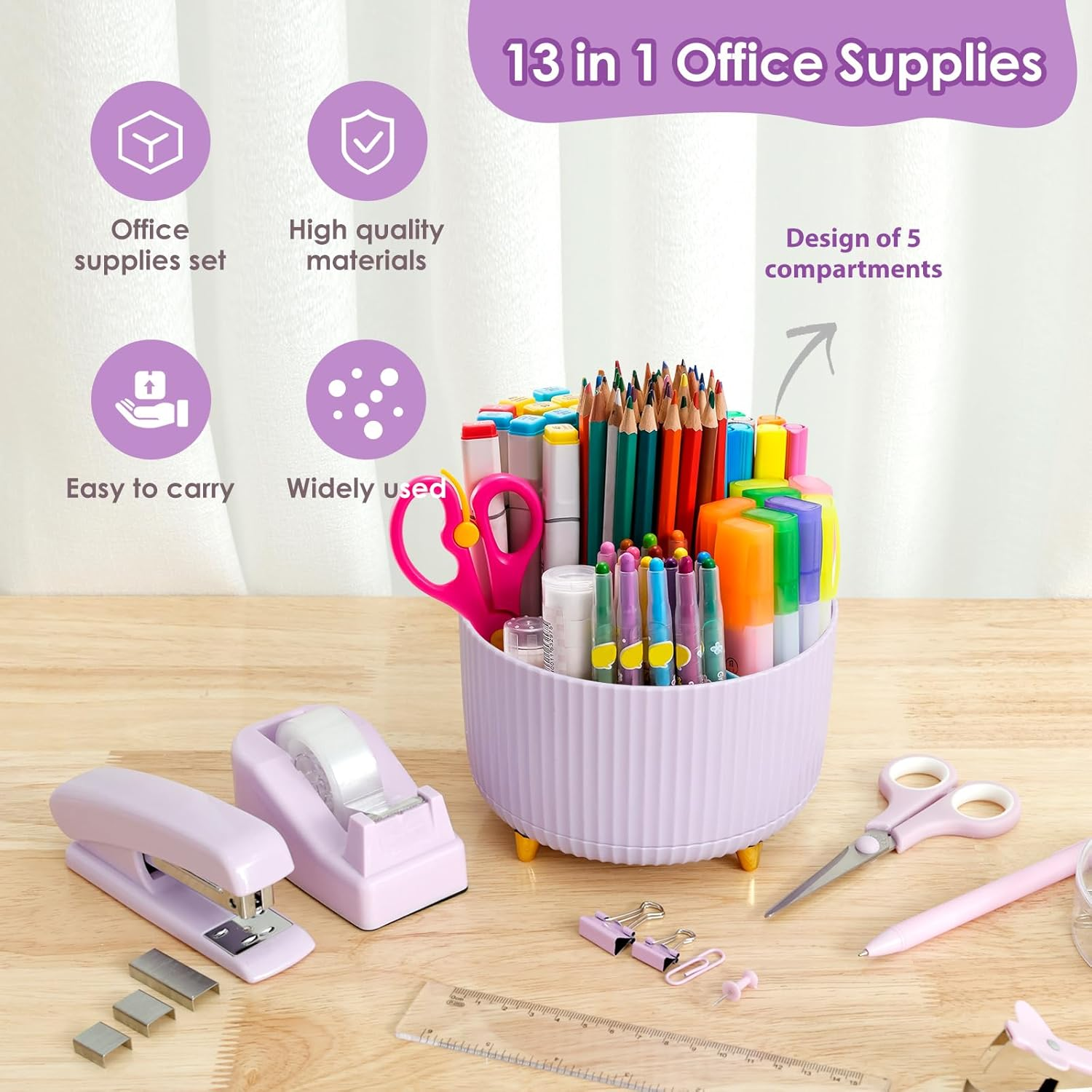 Office Supply Set, Convenient Stapler and Tape Dispenser Set, Office Supplies 360&deg;Pen Holder，Office Supplies Desk Accessories, Practical Office Supplies for Office Clerks (Purple)