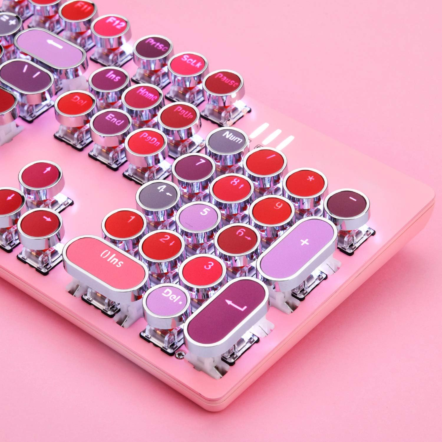 Typewriter Keyboard with White LED Backlit, Retro Steampunk Vintage Style Mechanical Gaming Keyboard 104 Keys Anti-Ghosting Blue Switch round Keycaps Metal Panel Wired USB for PC and Mac, Pink image number 5