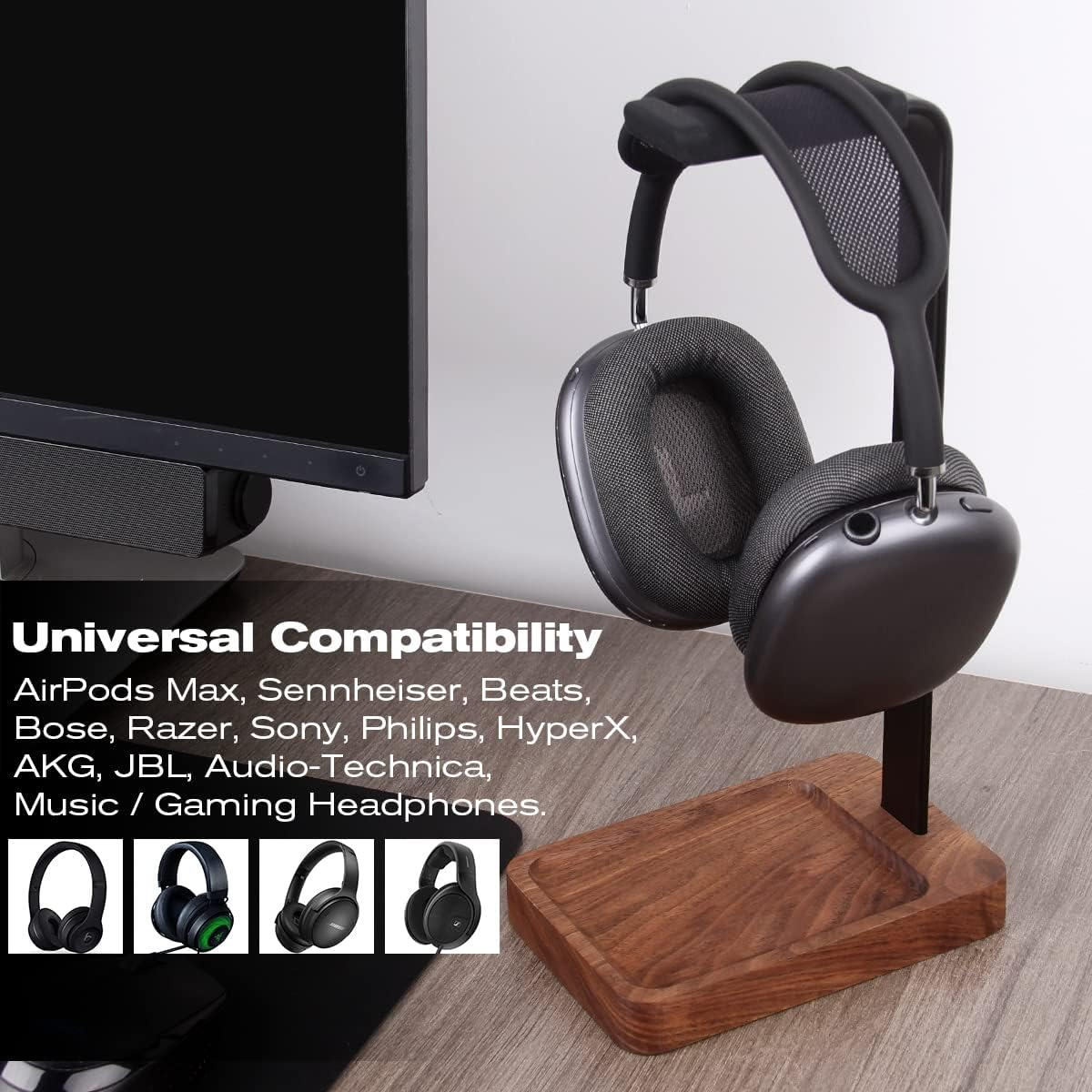 PHERKORM Walnut Wood & Aluminum Headset Holder, Desktop Headphone Stand, Universal Headphone Holder for Most Music Gaming Headsets - Black Walnut image number 2