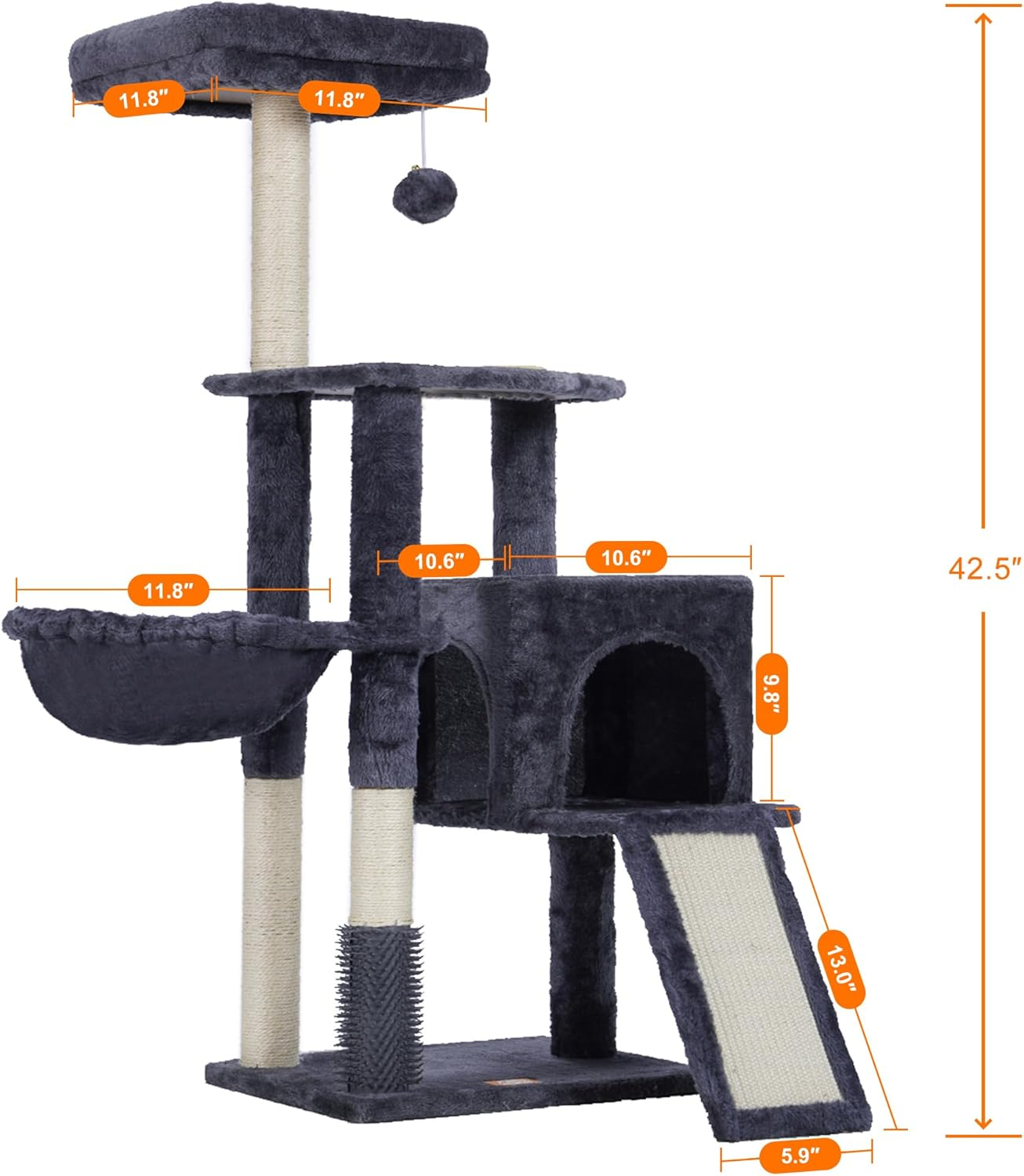 Heybly Cat Tree with Cat Self Groomer Brush, Cat Tower Condo for Indoor Cats with Padded Plush Perch,Cat House with Basket Scratching Board Post, Smoky Gray HCT005SG - Light Gray image number 7