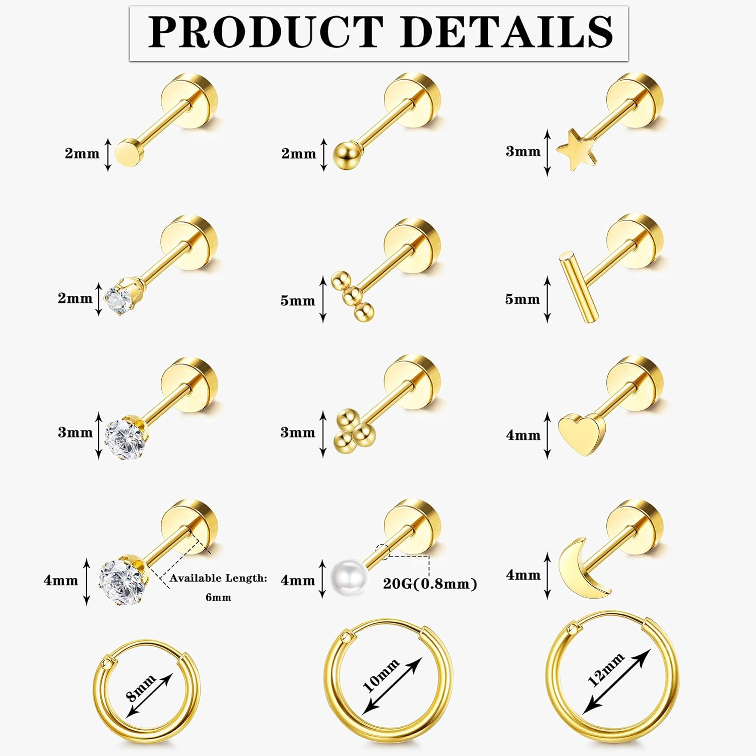 Kakonia Small Hypoallergenic Flat Back Stud Earrings for Women Men 14K Gold Plated Surgical Stainless Steel Earring Sets Tiny Screw Back Cartilage Earring image number 6