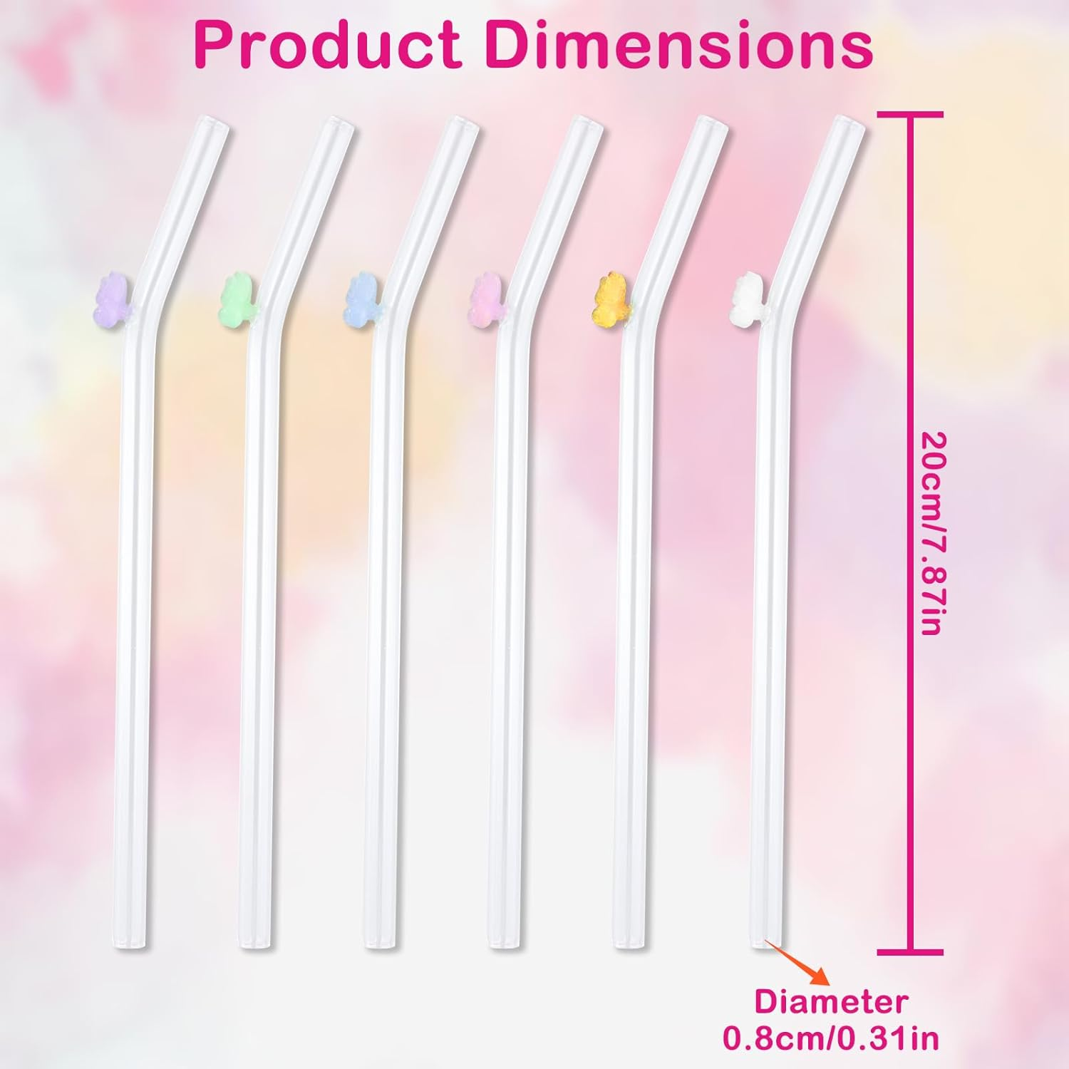 Reusable Glass Straws 6-Pack, Multicolour Butterfly Decorated Drinking Straw, Eco Friendly Bent Straws Drinking for Smoothies, Milkshake, Cocktail (20Cm, Clear)
