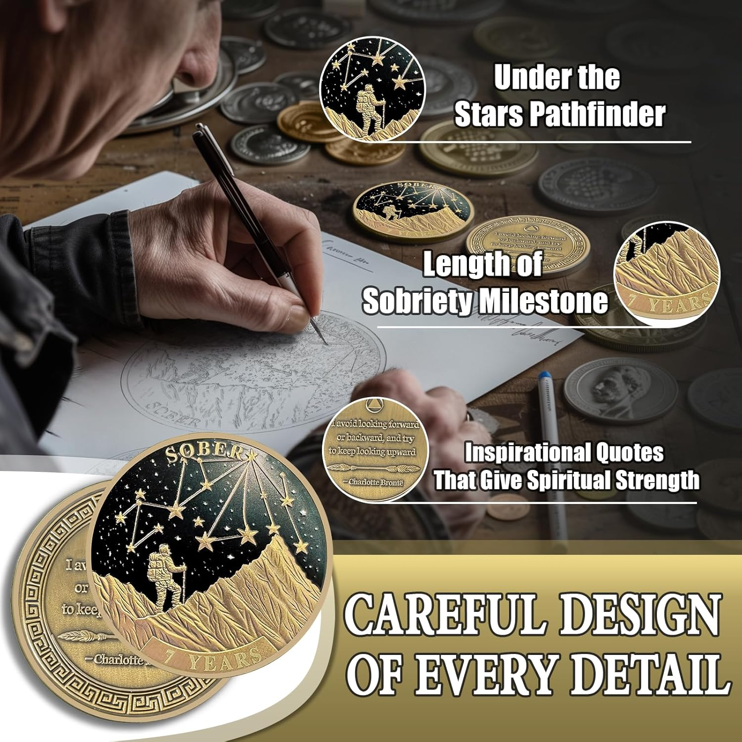 Under the Stars Pathfinder 7 Year Sobriety Coin, Explore Hope AA Coin - Bronze Seven Year Sober Medallions with Inspirational Quotes, Personalized Affirmation Sobriety Gifts for Men and Women image number 2