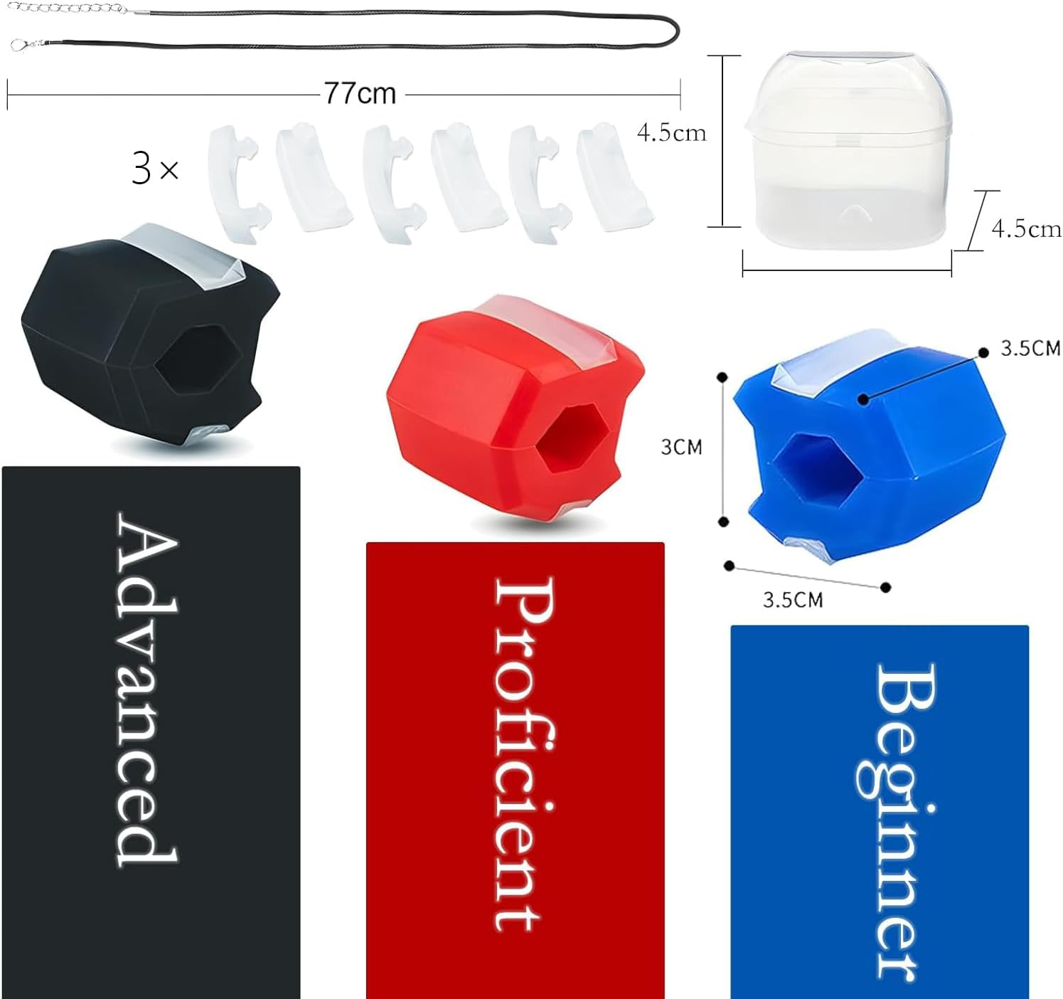 Jaw Trainer 3-Pack with 3 Strength Levels-Includes Portable Necklace & Storage Containers,Face and Neck Exerciser to Define Jawline,Slim Face,Look Younger,Food-Grade Silicone Jawline Kit for Men&Women