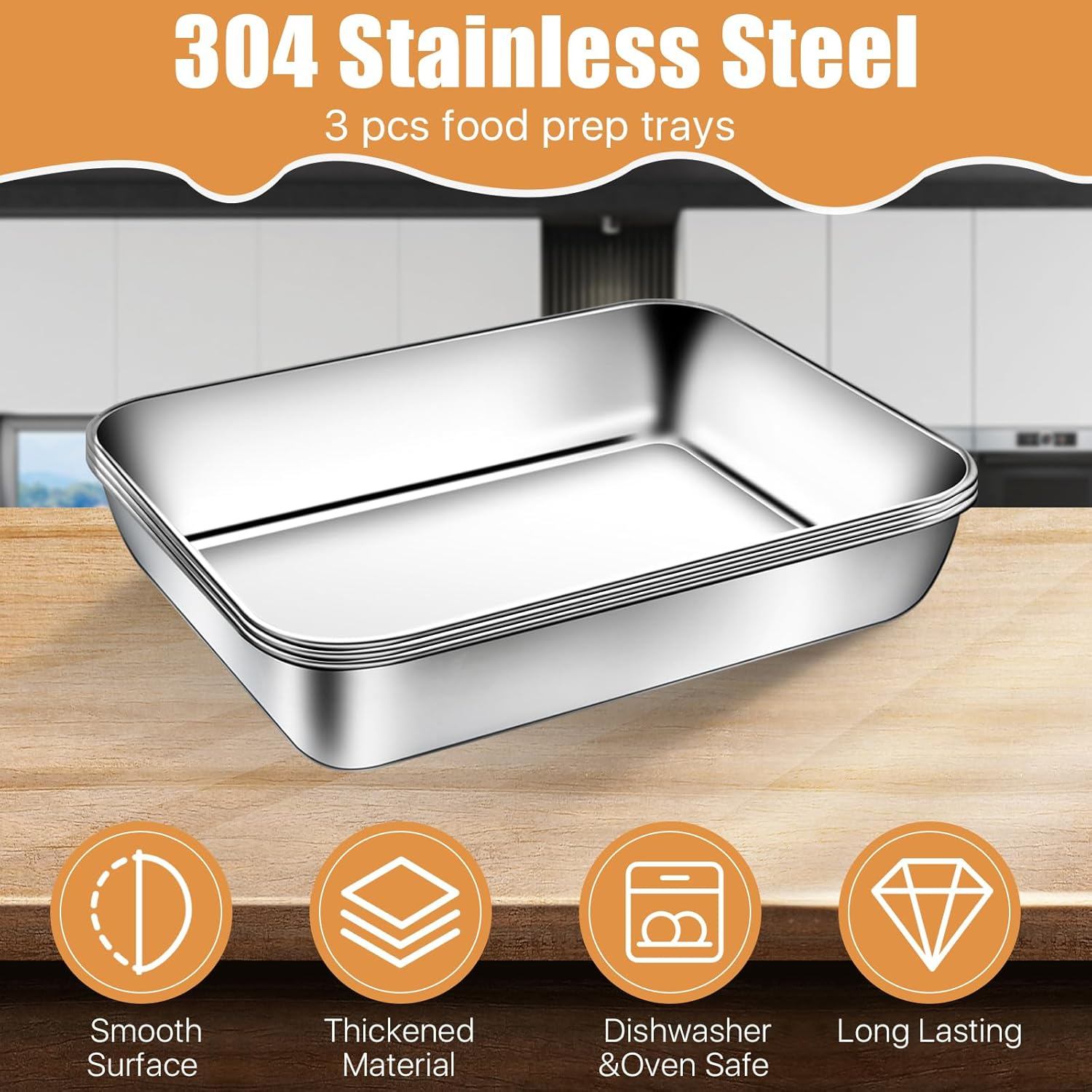 3 Set Stainless Steel Breading Trays Set with Lids, Dust Proof Breading Pans with Tong for Dredging Chicken Breasts，Marinating Meat, Food Prep Trays Oven & Dishwasher Safe image number 4