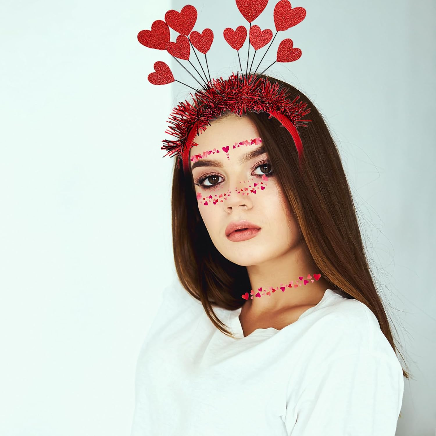 Heart Headband Glitter Headband with Heart + Heart Face Sticker, Heart Headband Red, Heart Face Sticker Face Tattoos, Red Hearts Headband Children Girls for Valentine'S Day Carnival Halloween image number 2