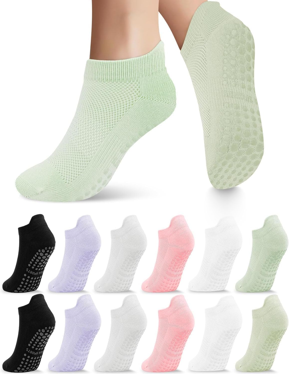 Yoga Pilates Non Slip Socks with Grips for Women, 6 Pairs Non-Slip Yoga Athletic Socks for Barre Ballet Barefoot Workout Hospital image number 2