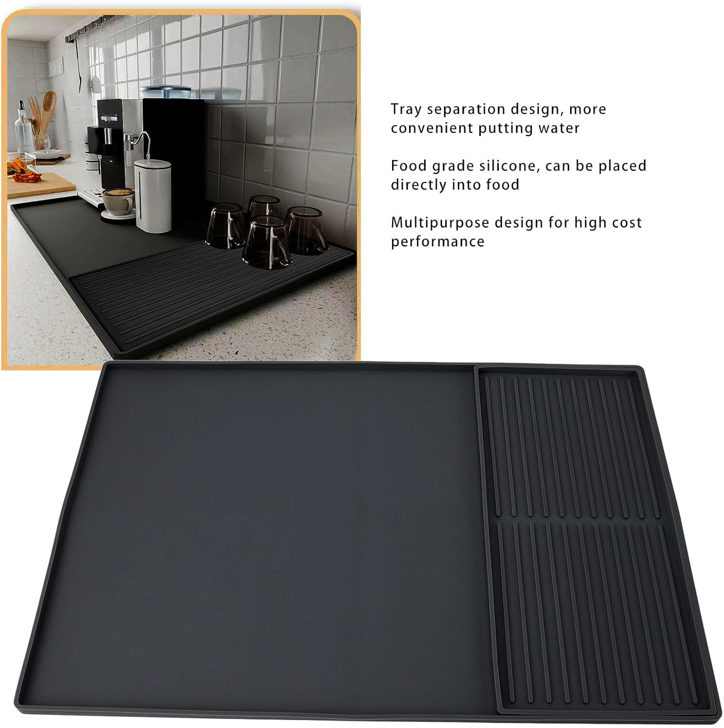 Extra Large Silicone Coffee Mat Non Slip Machine Drip Tray with Drainage for Countertop, 24X16 Inch Bar Mat for Kitchen & Coffee Station (Black)