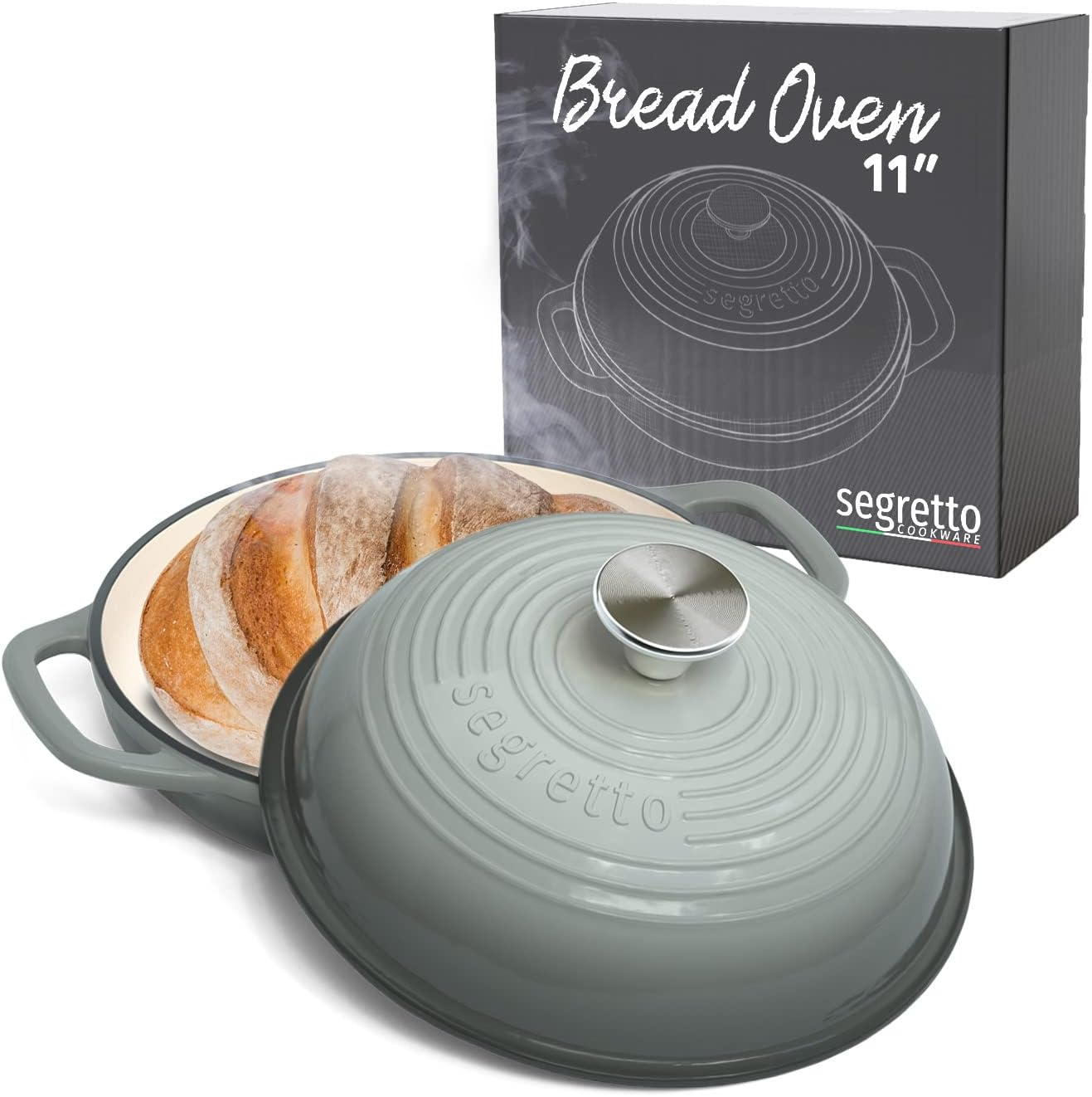 Enameled Cast Iron Bread Pan with Lid, 11&rdquo; Grigio Scuro (Gray) Bread Oven Cast Iron Sourdough Baking Pan, Dutch Oven for Bread - Segretto Cookware