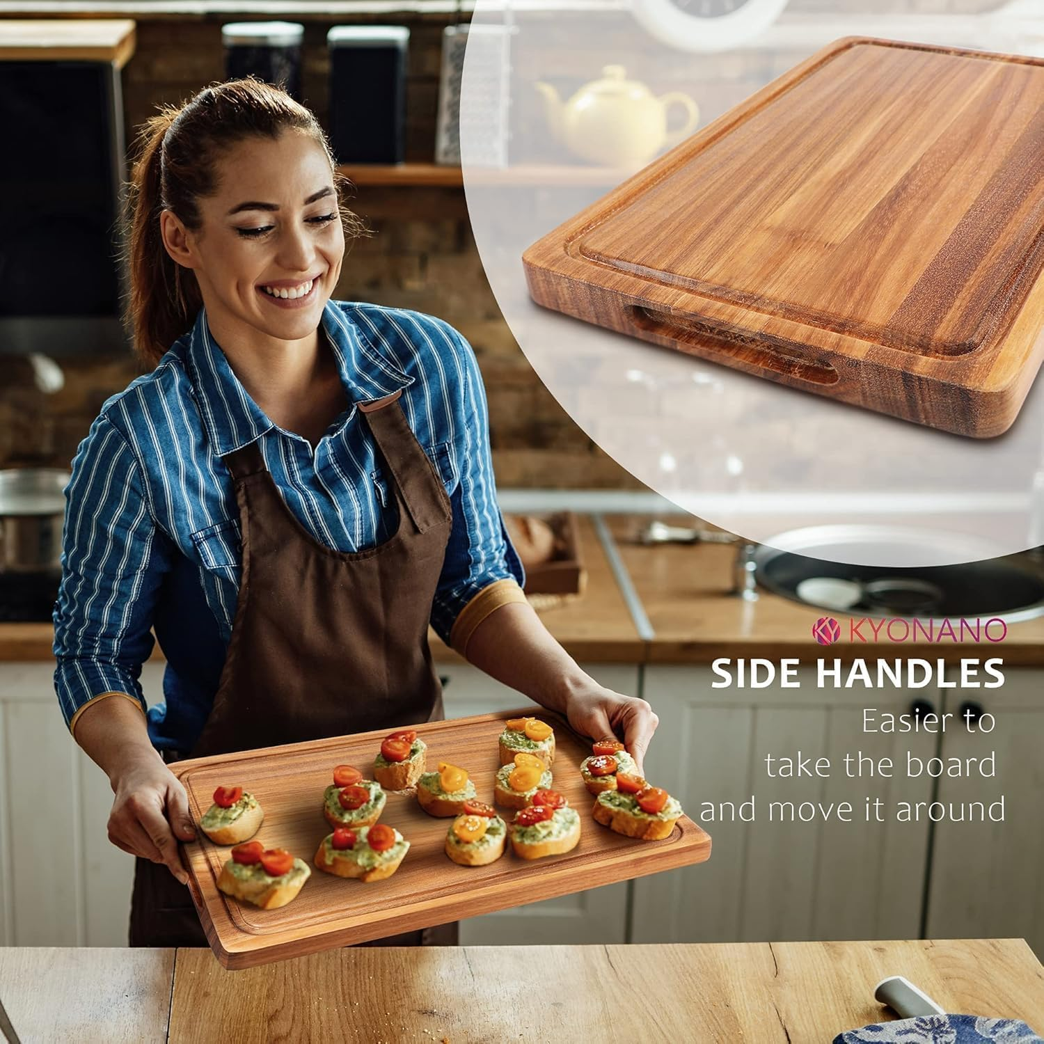 KYONANO Wooden Chopping Board, Large Rosewood Cutting Board for Kitchen, 38 X 25 X 2.5 CM Chopping Carving Board with Juice Groove Handle Hanging Hole, Butcher Block for Meat and Vegetables image number 3