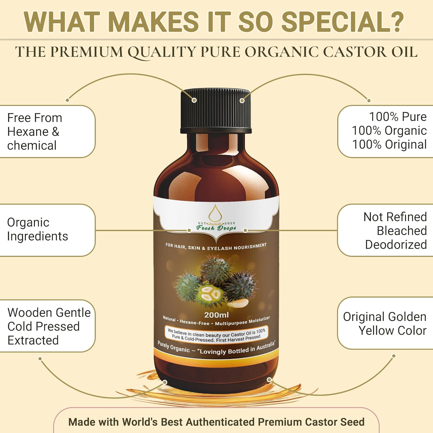 Fresh Drops Organic Castor Oil 200Ml, Pure Cold Pressed, Hexane Free, Fresh Drops- Stimulate Growth for Eyelashes, Eyebrows, and Hair, Smooth Face, and Skin image number 6
