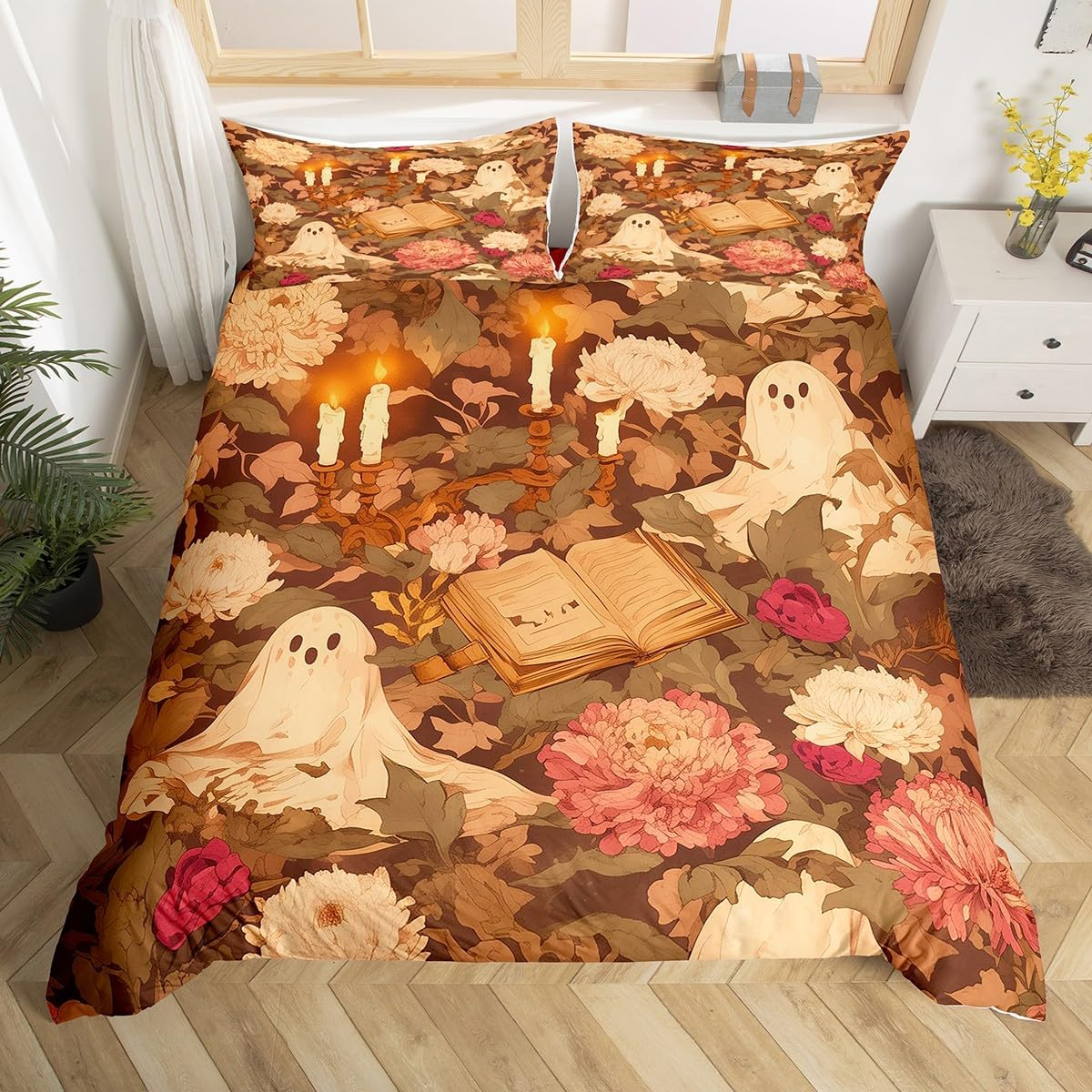 Homewish Vintage Halloween Duvet Cover 135 X 200 Cm Magic Book Spooky Ghost Bedding Set Retro Autumn Chrysanthemum Fallen Leaves Comforter Cover for Children Adults Grunge Halloween Bed Set image number 3