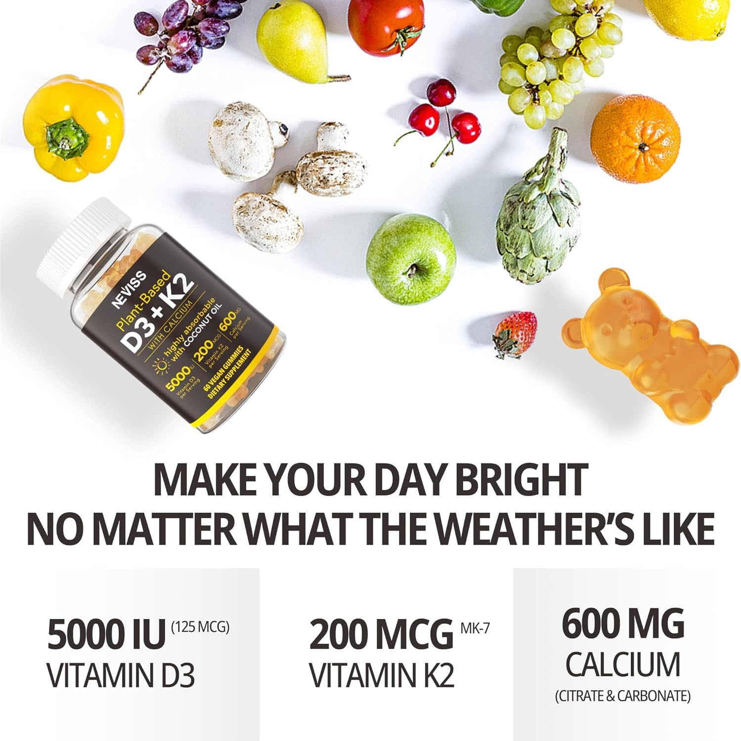 Vitamin D3 K2 Gummies with Calcium - Vegan D3 5000 IU + K2 200Mcg + Calcium 600Mg - Plant-Based Bone, Immune Support Supplement with Coconut Oil for High Absorption - Sweet Citrus Flavor - 120 Counts