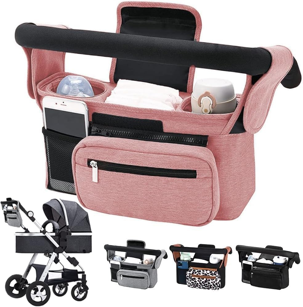 BLAZDEVE Baby Stroller Organizer with Insulated Cup Holder, Large Storage Space Stroller Bag with Detachable Phone Bag and Shoulder Strap for Uppababy, for Baby Jogger, for Britax (Pink) image number 2