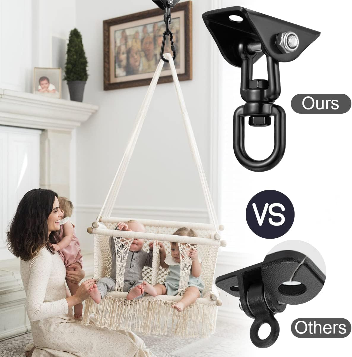 Hammock Hanging Kit,360&deg;Rotating 1200 Lb Capacity Heavy Duty,Hanger & Swing Hook Snap for Concrete Wood,Hammock,Veranda Seat,Chair,Swing Sets,Yoga and Gym（Without Chain ） - Black+Chain image number 4