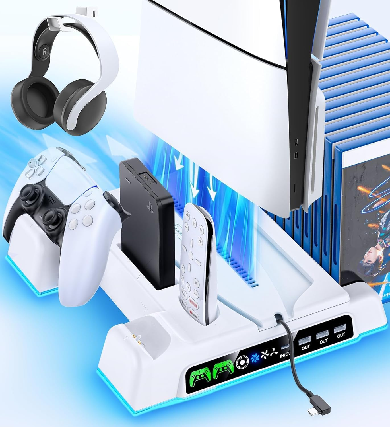 Kytok Ps5/Slim/Pro Cooling Stand with PS 5 Controller Charger for Playstation 5 Console, PS5 Stand with 3 Levels Cooling Fan, Vertical Station with Headset Holder image number 4