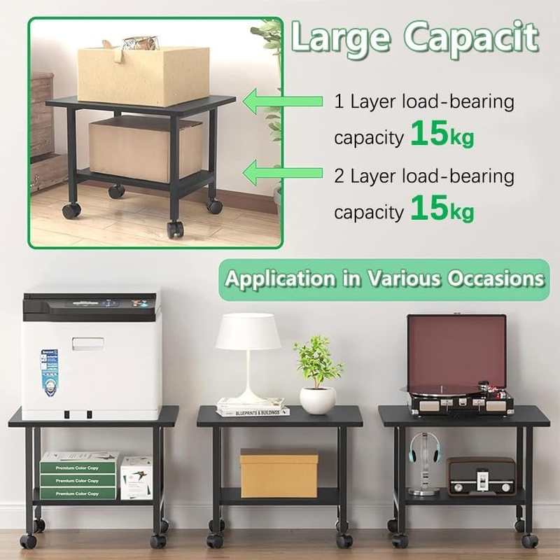 Printer Stand, Desktop Printer Stand with Storage Shelves, Mobile Printer Cart with 4 Wheels, under Desk Printer Table for Printer, Scanner, Fax, 18.9" X 15.7" X 14.6", Black image number 6