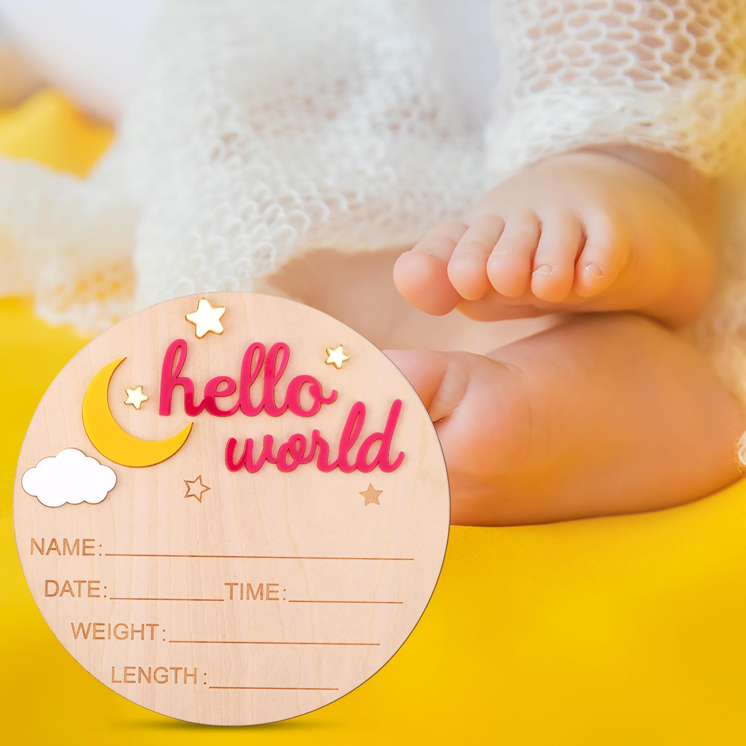 Wooden Hello World Newborn Sign, Cute Birth Announcement Board Baby Announcement Sign Newborn Welcome Sign Baby Name Plaque for Nursery Hospital Girl Boy Baby Shower Photo Props(Rose Red) image number 5