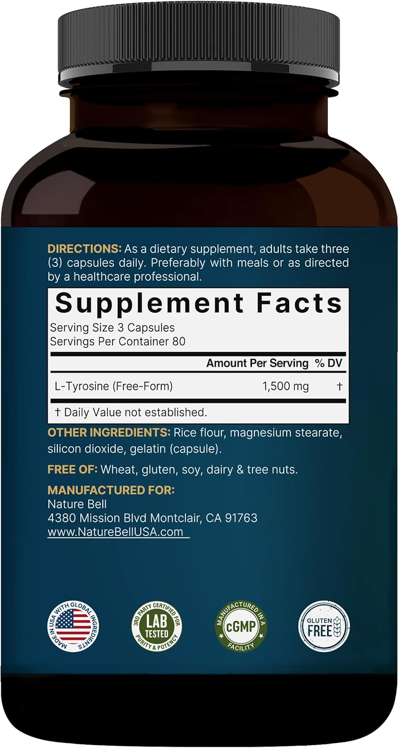 Naturebell L-Tyrosine Capsules, 1000Mg per Serving, 200 Capsules, Support Memory and Cognitive Health, No Gmos. image number 3
