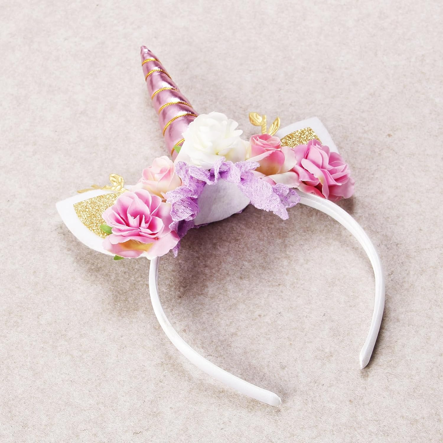 Nishine Unicorn Horn Floral Headband Glitter Ears Pony Headbands Tiara for Girls Party Birthday Cosplay image number 5