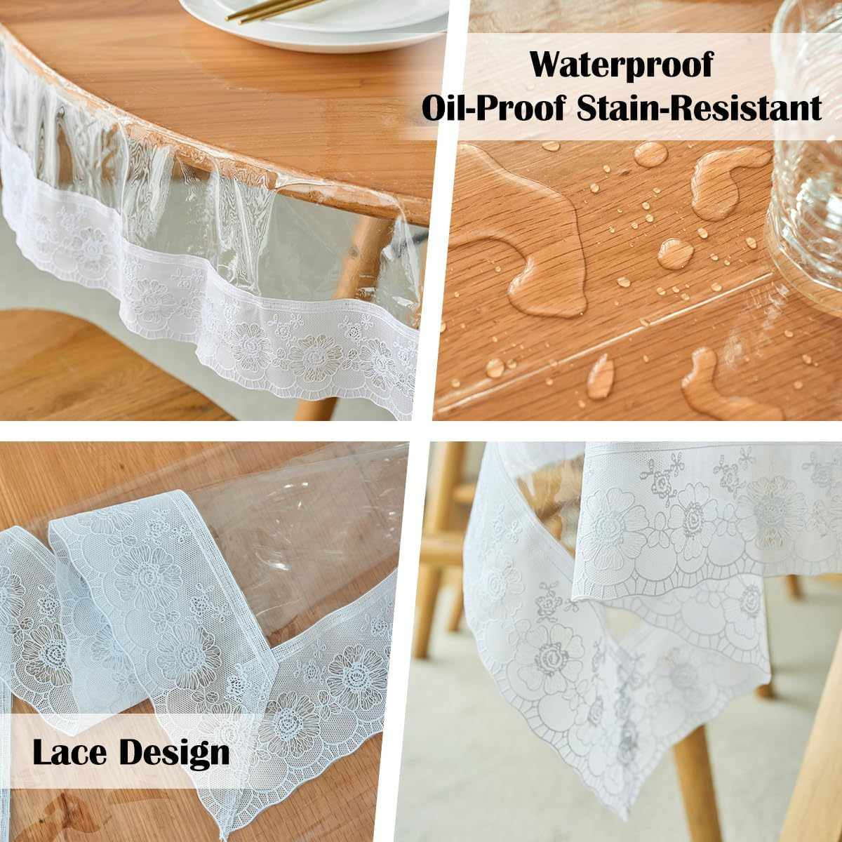 RETON PVC Clear Plastic Tablecloth Protector, Rectangle Waterproof Vinyl Clear Plastic Tablecloth with White Lace Edge, Transparent Table Cover for Dining Tables Kitchen Home (60X92 In)