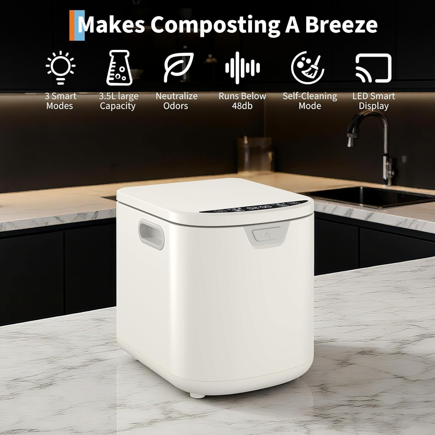 4L Electric Composter for Kitchen Smart Kitchen Waste Compost Bin Odorless/Auto-Cleaning/Intelligent LED Display, Food Composter for Home, Food Waste Compost Machine (White02) image number 1