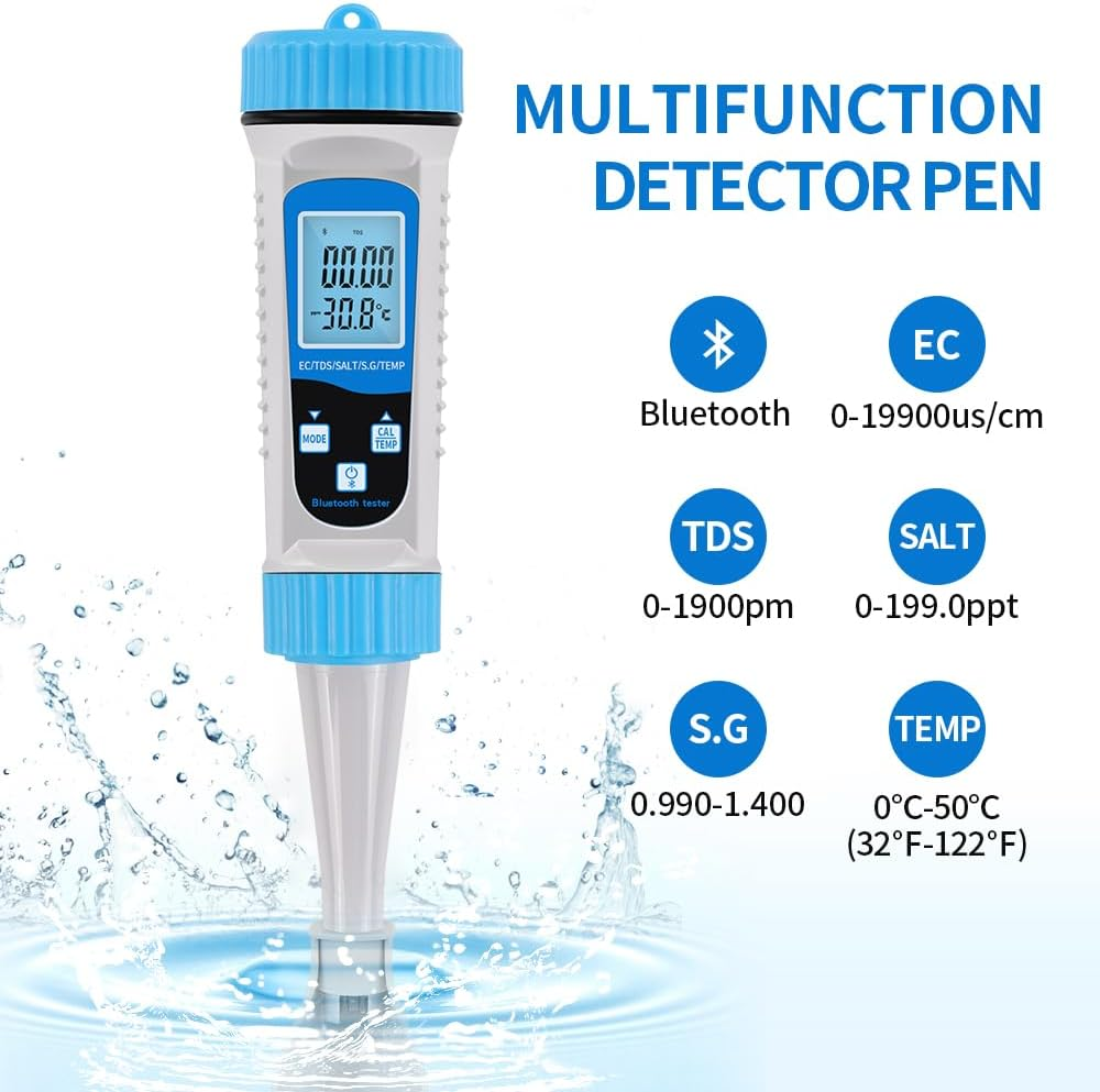 B-Qtech Digital Water Quality Tester 5 in 1 Tds/Ec/Salt/S.G/Temp Temp,Water Hardness Set, Drinking Water Test for Aquarium, Pool, Aquaculture, Fish, App Control, Compatible with Ios and Android image number 1