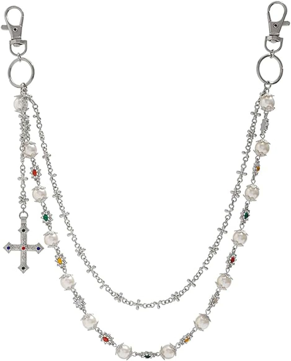 Layered Cross Pants Wallet Chains for Women Exquisite Gold Silver Crystal Pearl Jean Pocket Chain Bag Purse Charms Punk Jewelry for Women Men - Silver Link image number 6