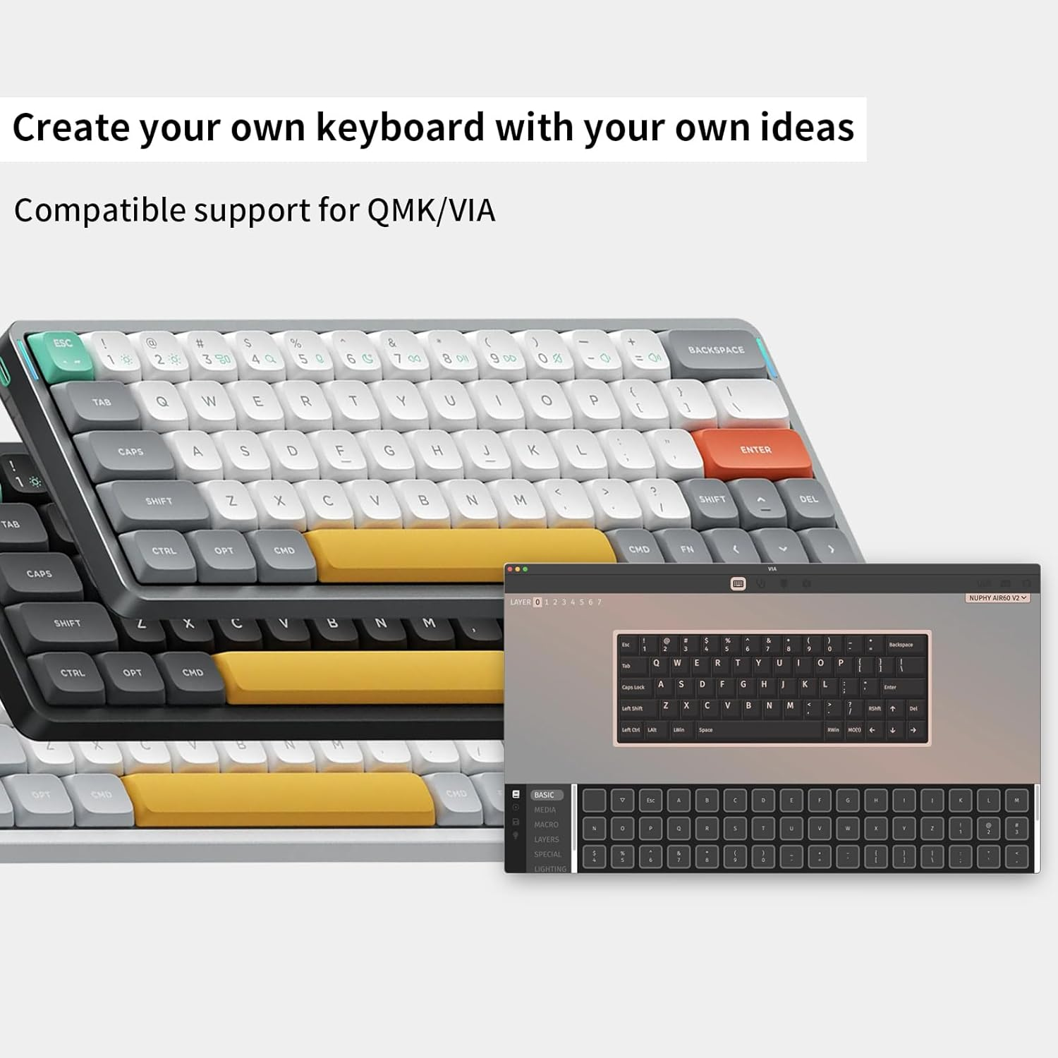 Nuphy Air60 V2 Portable Mechanical Wireless Mini Keyboard with Lighting, Support QMK/VIA Compatible with Windows/Mac Os/Linux for Bluetooth 5.1/2.4Ghz/(Usb-C) Grey Gateron Cowberry Switch image number 1