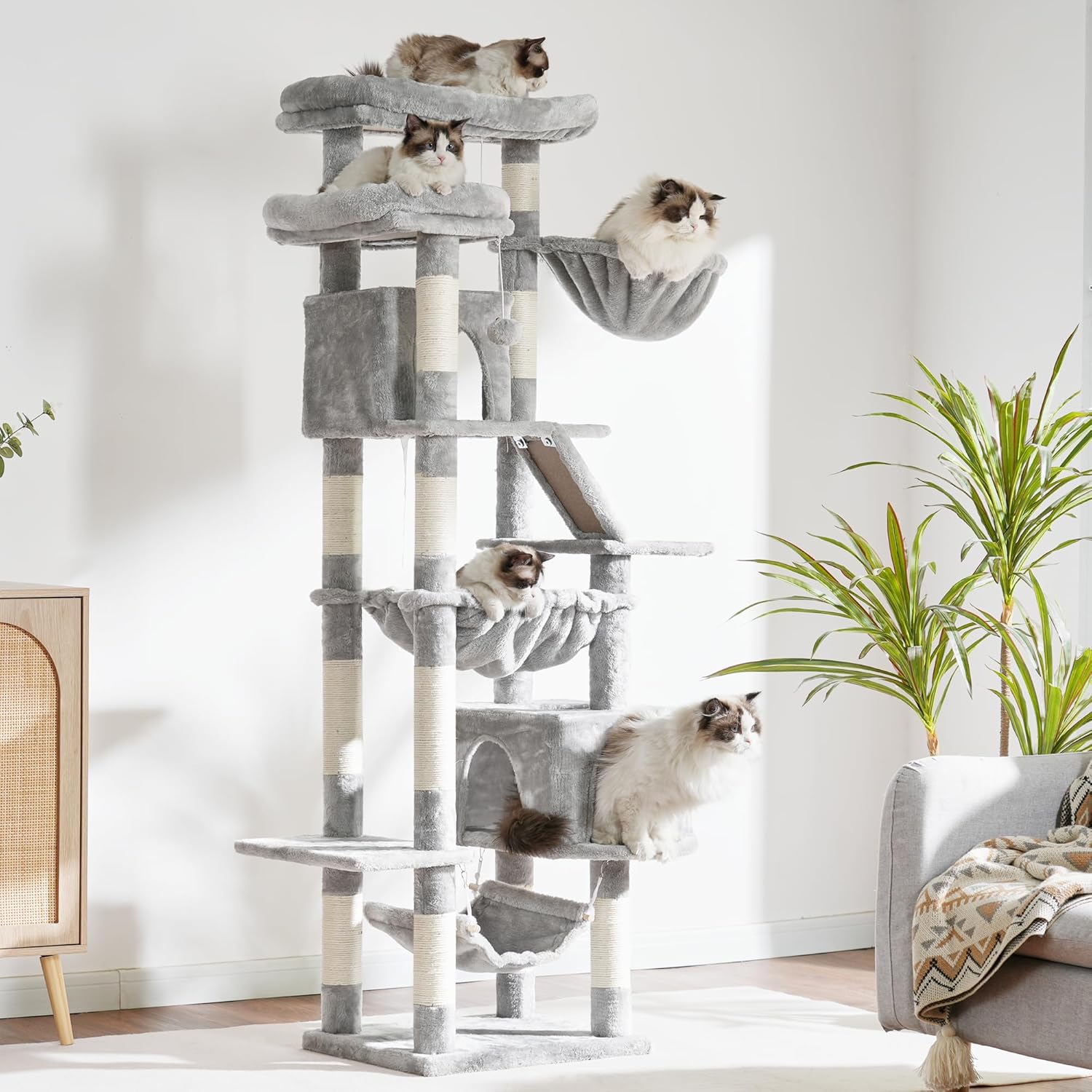 Heybly Cat Tree，71-Inch Tall Tower for Indoor Cats with 2 Perches, 2 Big Condos, 2 Hammocks, Basket, Scratching Pad，Large Cat Furniture and Condo, Light Gray HCT034W image number 6