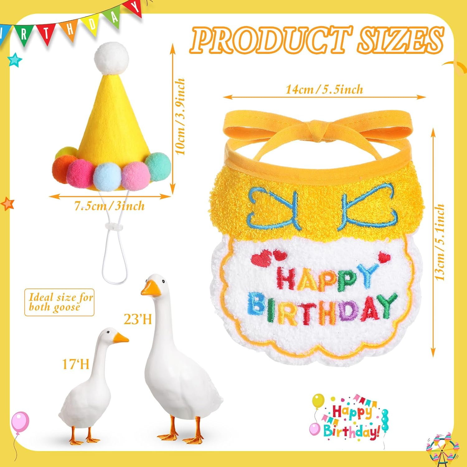 Abbylike Happy Birthday Goose Outfit Lawn Porch Goose Outfits with Party Hat Bandana for 23" 17" Cement Plastic Duck Decor - Yellow image number 6