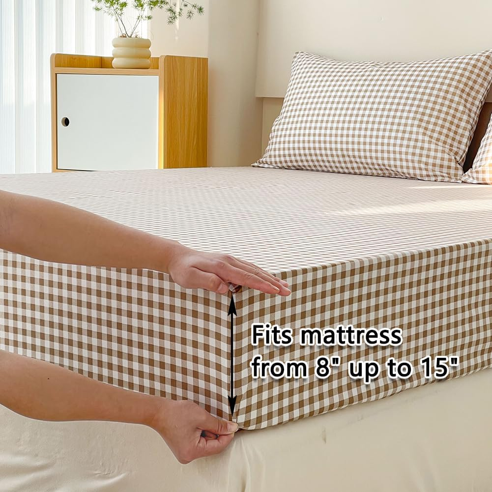 NSNLGSGC Tan Gingham Queen Sheet Set, Soft Brushed Microfiber Taupe Plaid Queen Bed Sheets, 4-Pieces Brown Grid Sheet Set with Deep Pocket image number 4