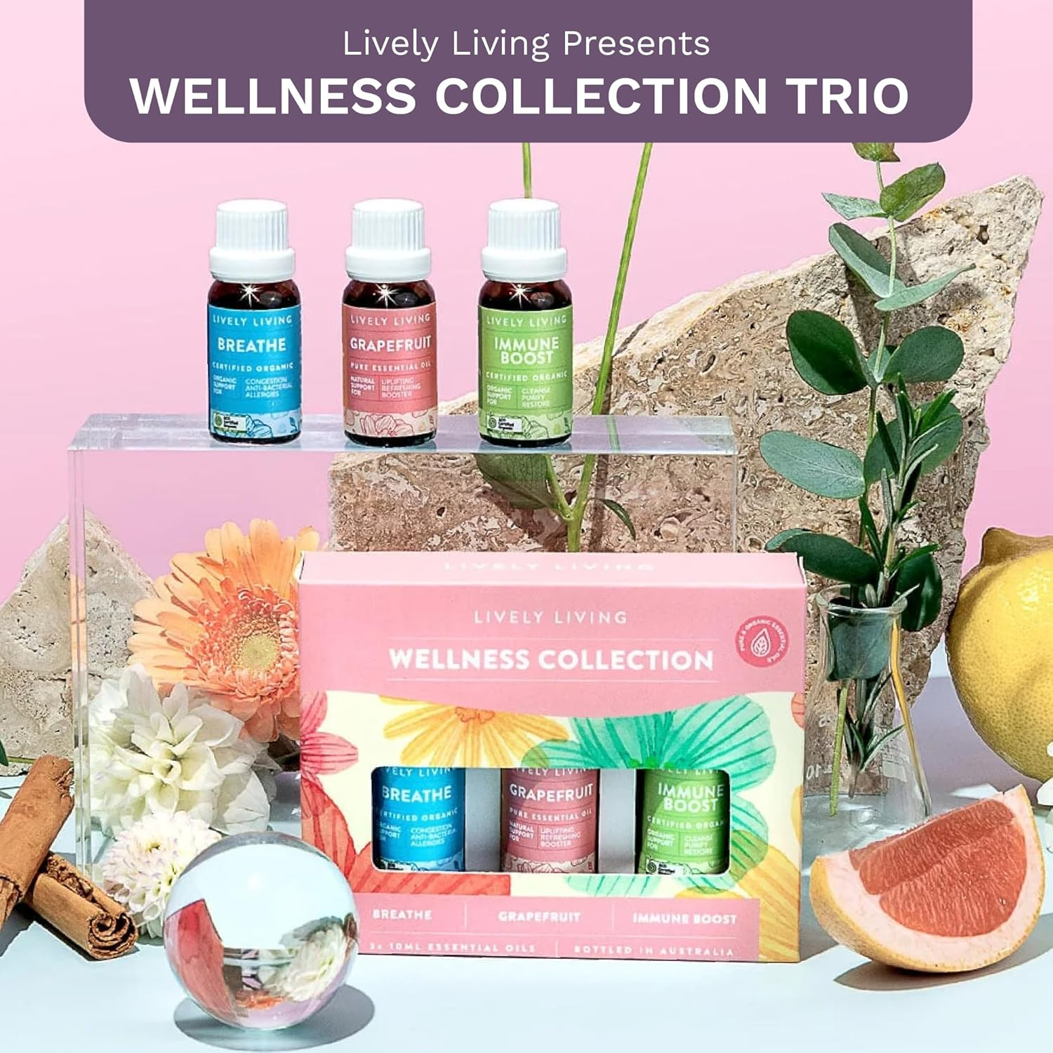 Lively Living Wellness Collection Essential Oils Trio - Energy, Citrus Blend, Australian Certified Organic Oil Set for Diffuser, Humidifier, Vaporizer