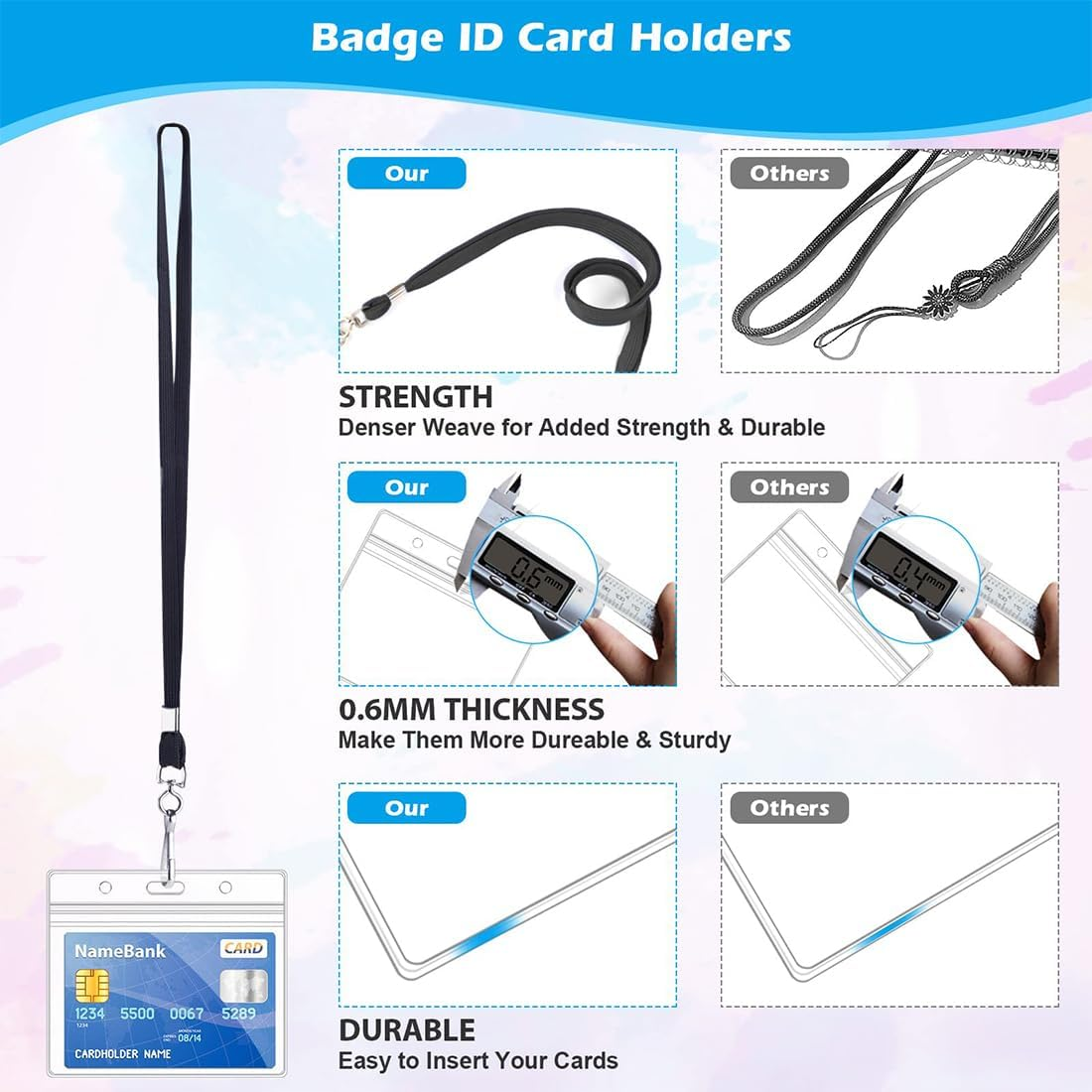 50Pcs Clear Name Tags with Neck Lanyard, Clear Plastic Horizontal Name Tags Badge ID Card Holders and Flat Neck Lanyards, Black Lanyard Kit with Swivel Hook for School, Festival, Event image number 3