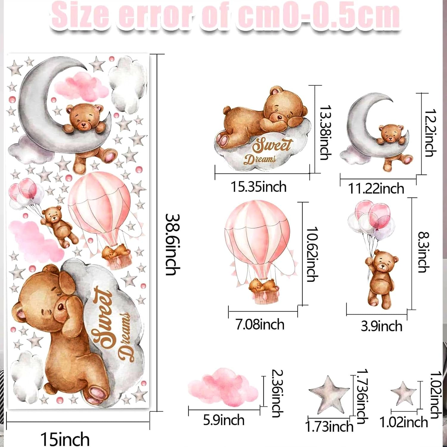 POILKMNI Tedy Bear Sleeping on the Moon and Stars Wall Stickers for Kids Baby Room Decor Sweet Dream Hot Air Balloon Star Nursery Shower Interior Kid Bedroom Playroom Decals (Pink) - Pink image number 5