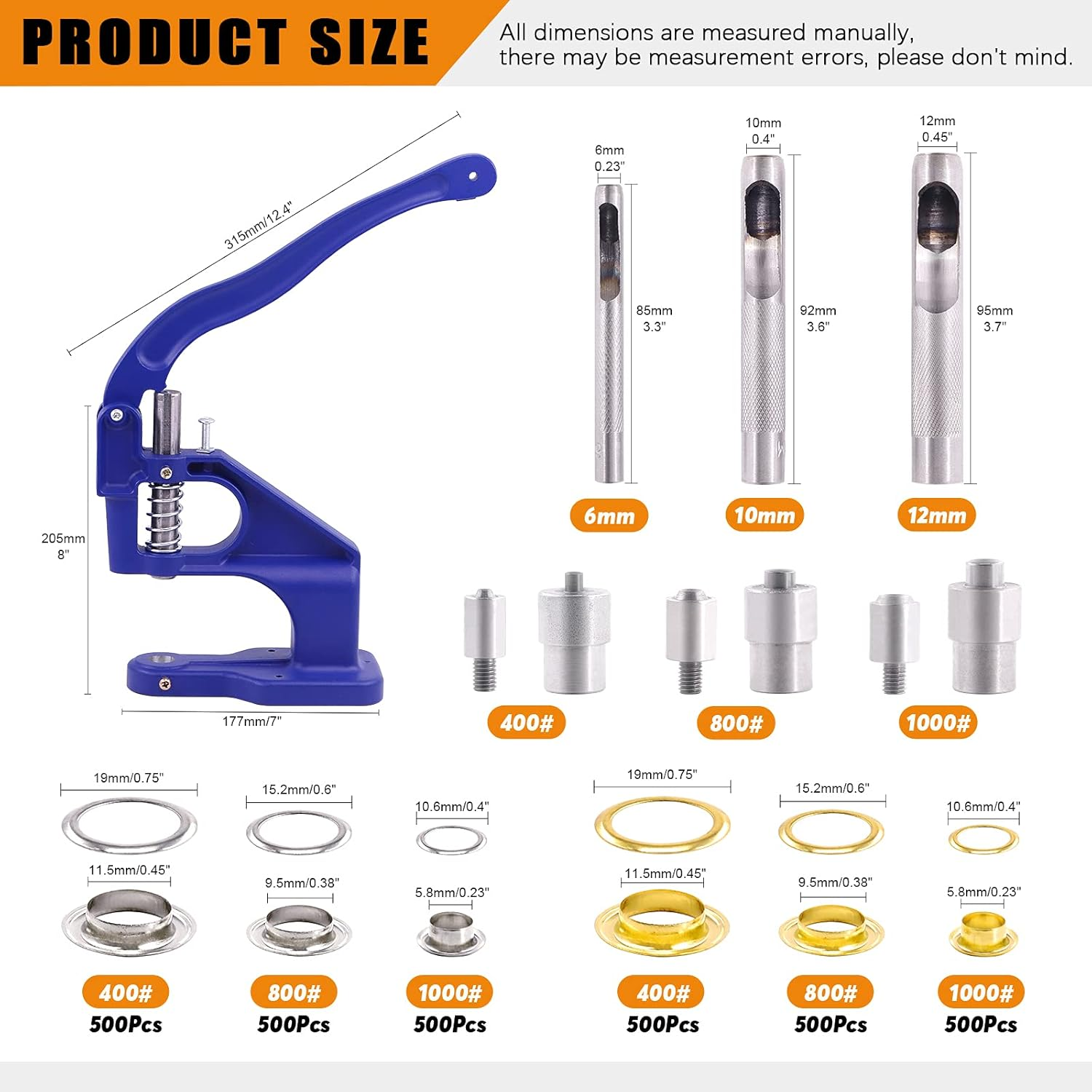 Rustark 3007Pcs Hand Press Grommet Machine 3 Dies Heavy Duty Eyelet Hole Punch Tool Kit W 3000Pcs Grommets Eyelets, 3Pcs Installing Tools Rivet Press Setter for Curtains Bag Belt Jeans Shoes, 0#2#4 image number 6