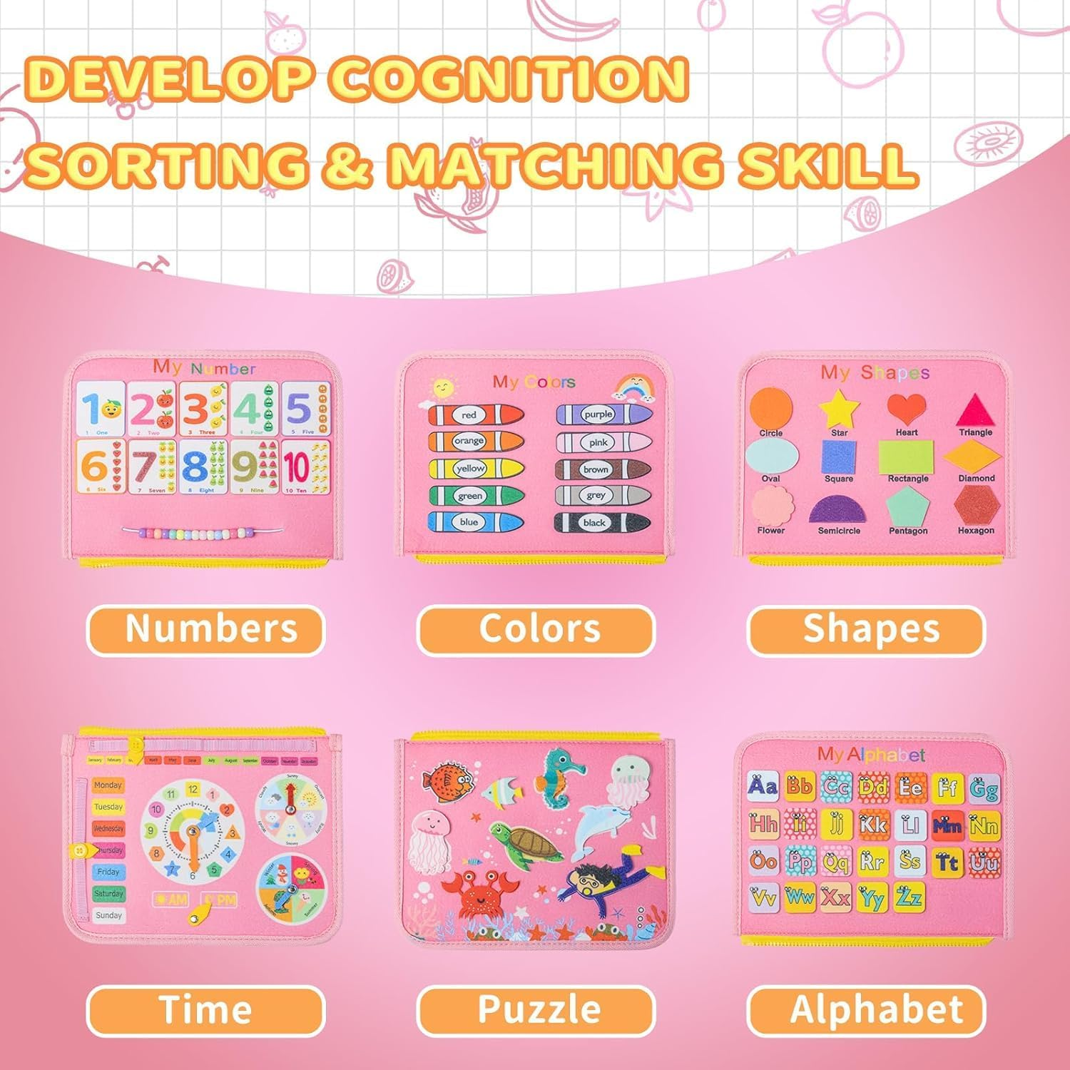 Busy Board for Kids Toddler Sensory Toys Educational Busy Book Sensory Activity Developing Board Montessori Toy Preschool Quiet Book for Airplane and Car Travel Ages 3 4 5 Year Old Girls Boys (Pink) image number 6